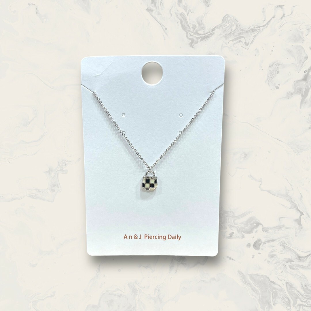 韓國直送項鍊 黑白格紋小提包 銅鍍白金 2色