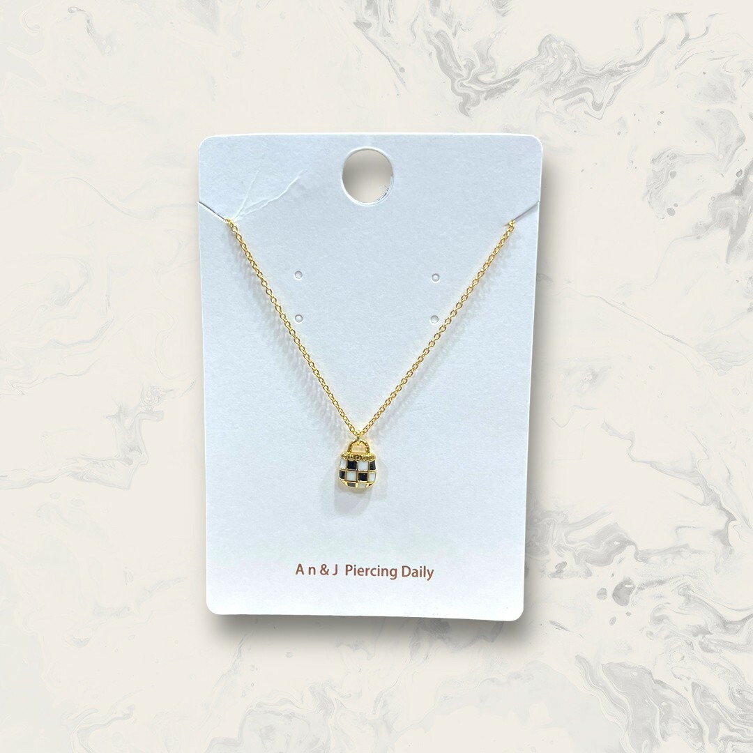 韓國直送項鍊 黑白格紋小提包 銅鍍白金 2色