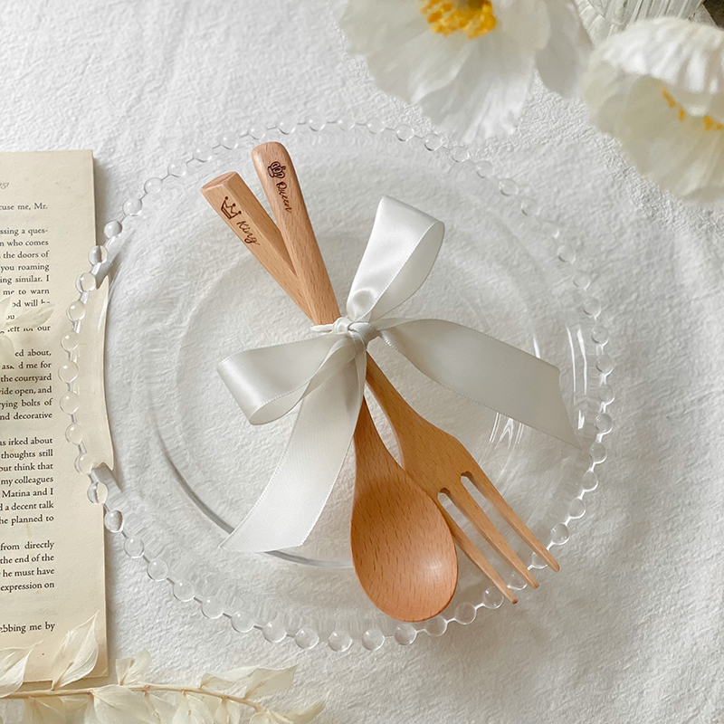婚禮小物-雕刻文字實木湯叉組(含緞帶包裝)