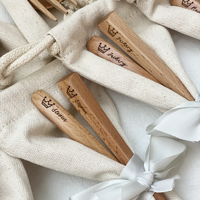 婚禮小物-雕刻文字實木湯叉組(含緞帶包裝)