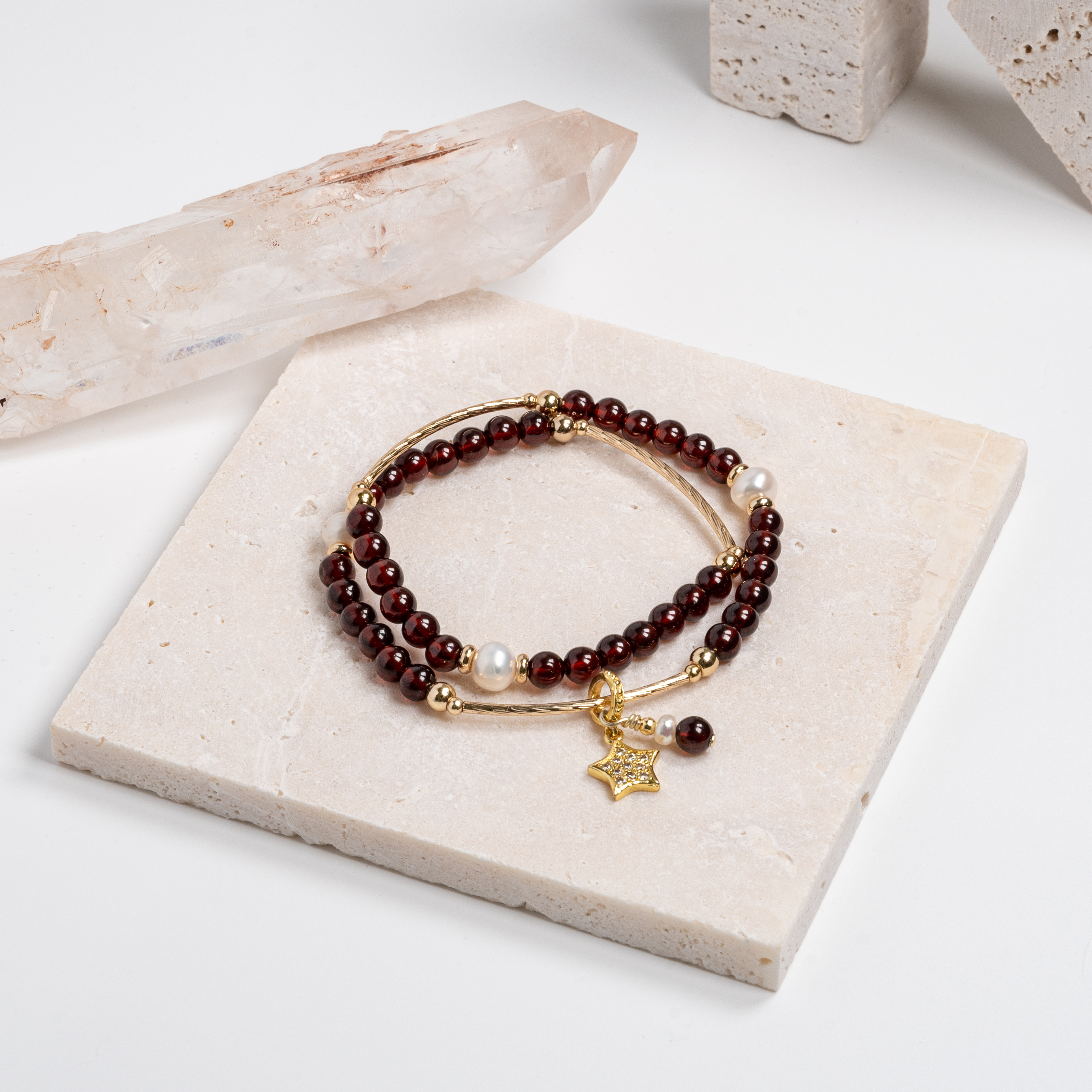 雙圈石榴石手鍊 (金色/玫瑰金)