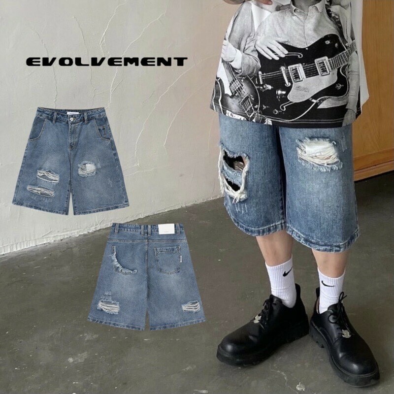 EVOLVEMENT (SALE)  EVO 新銳設計師品牌 貓鬚破壞水洗牛仔短褲 短褲 牛仔短褲
