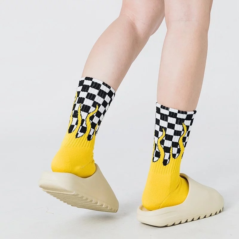BFF 火焰棋盤格長襪_黃色火焰棋盤格長襪_黃色