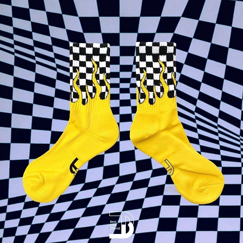 BFF 火焰棋盤格長襪_黃色火焰棋盤格長襪_黃色