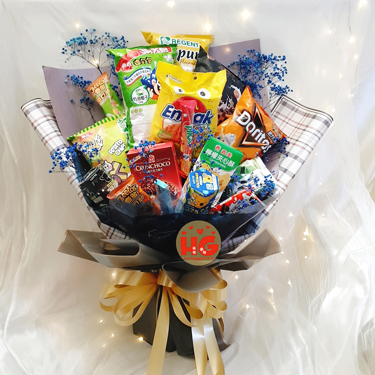 超大零食花束,滿天星花束,桃園花店,桃園八德花束,Extra large snack bouquet, baby breath bouquet