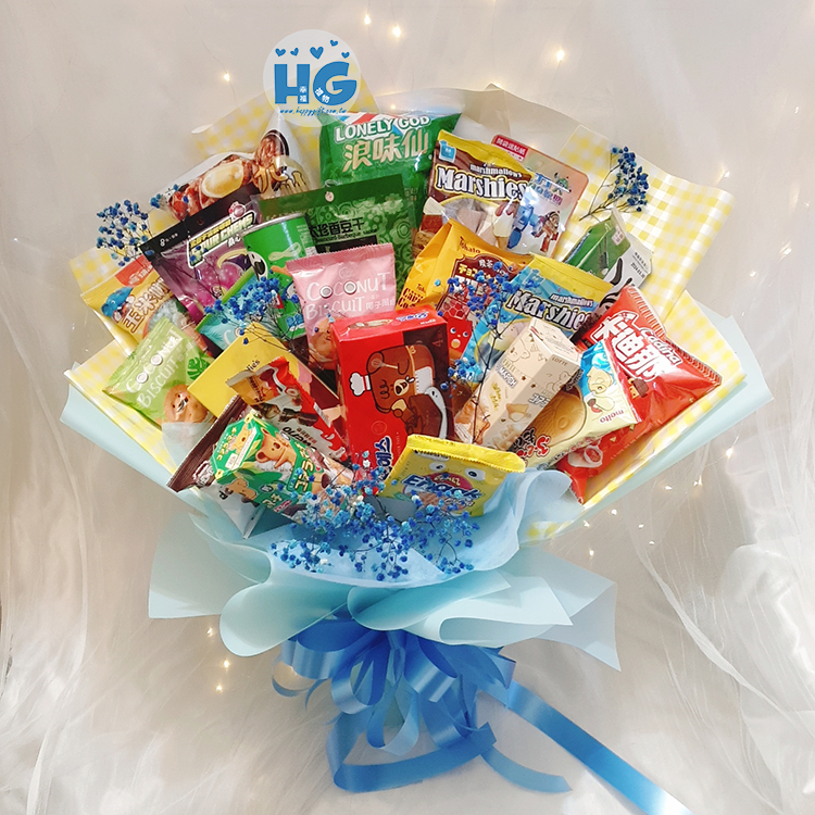 超大零食花束,滿天星花束,桃園花店,桃園八德花束,Extra large snack bouquet, baby breath bouquet