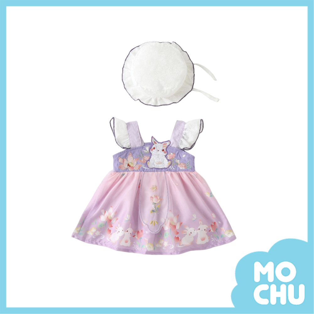 荷花小兔子中式包屁裙+帽子(三色)