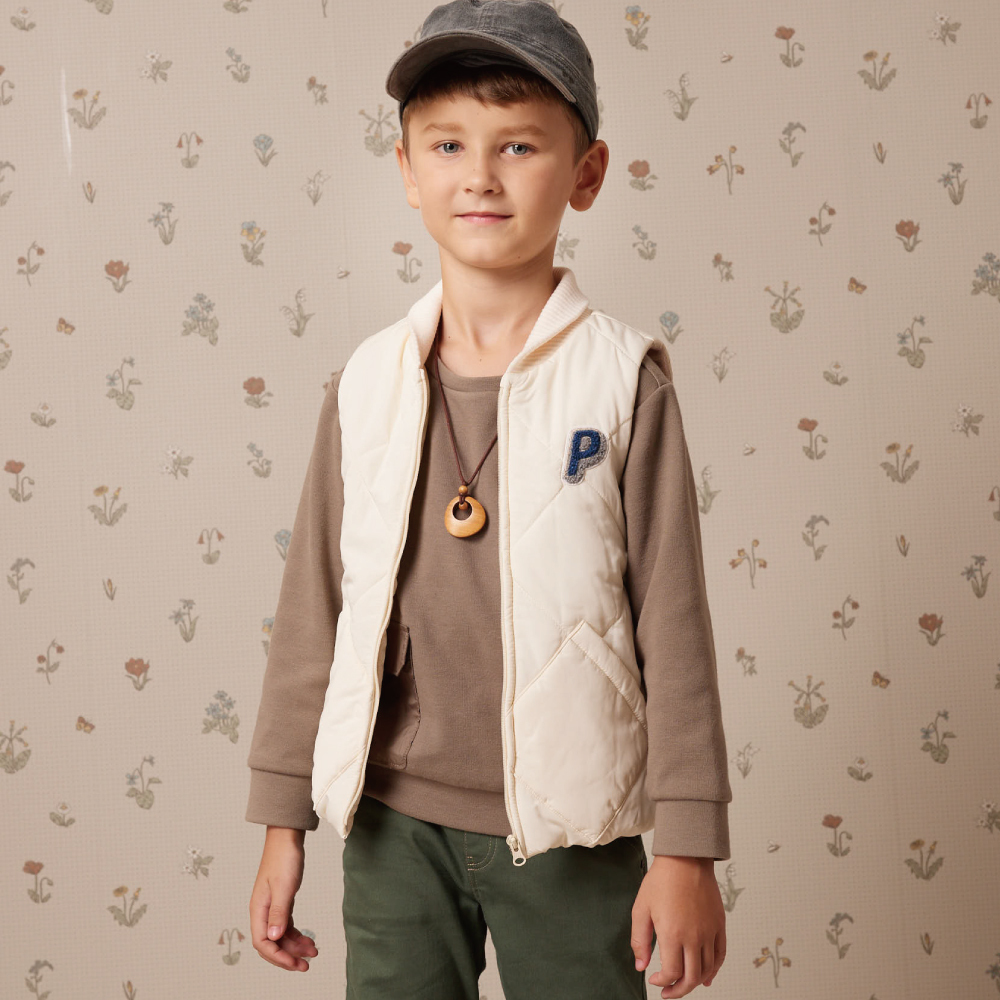 PIPPY 壓線菱格素面風衣鋪棉背心 米