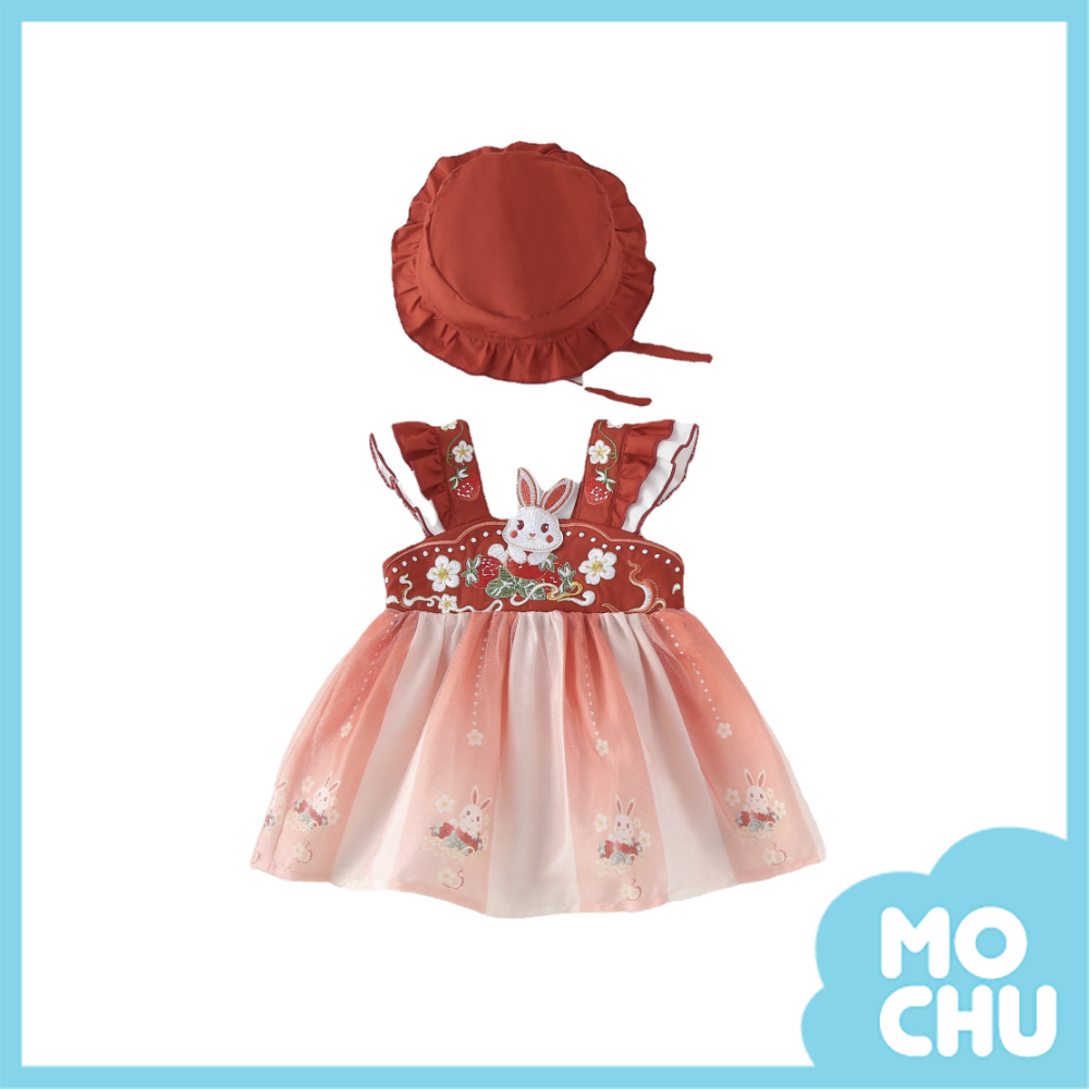白花萌兔小洋裝+帽子