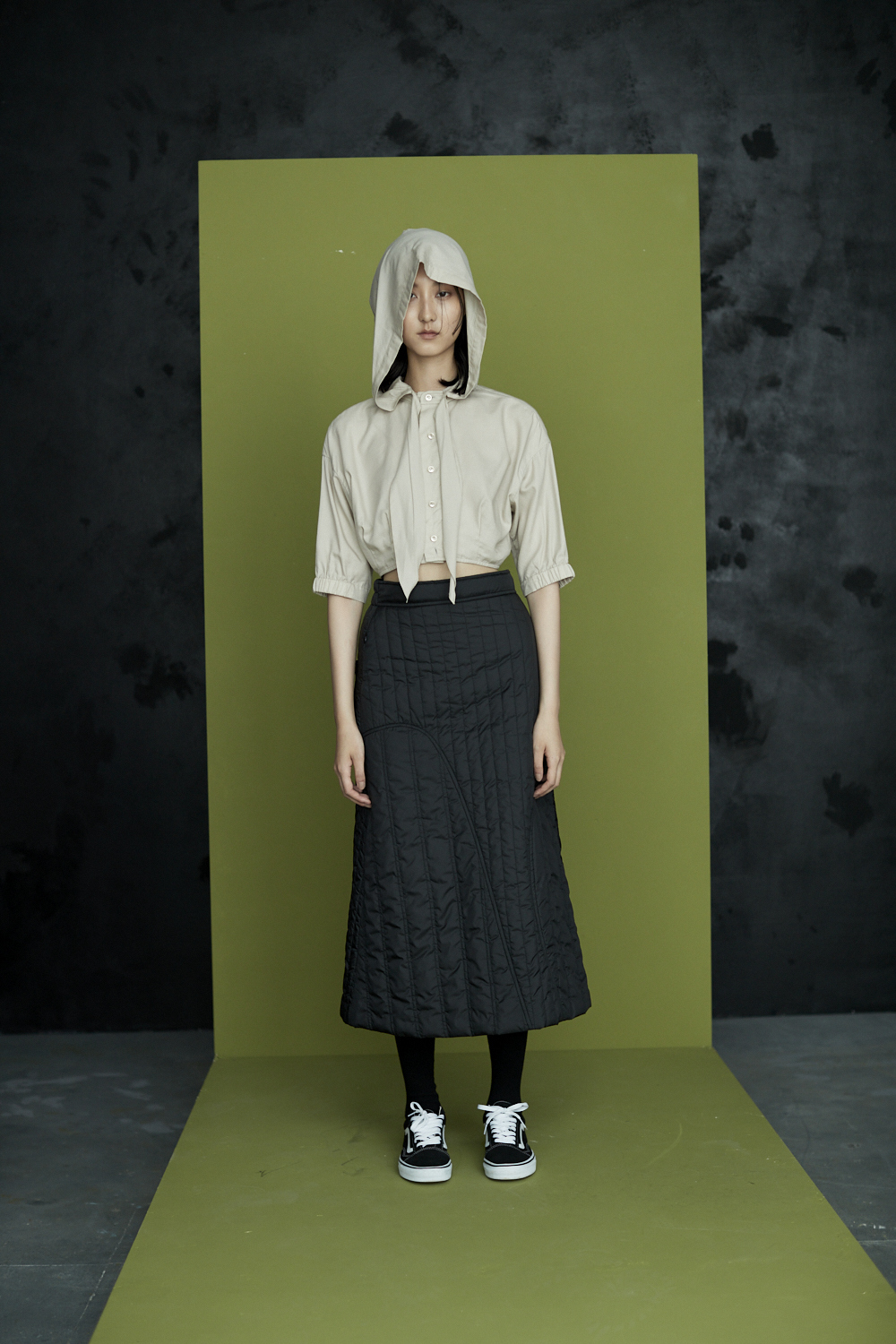 綁帶連帽五分袖短襯衫