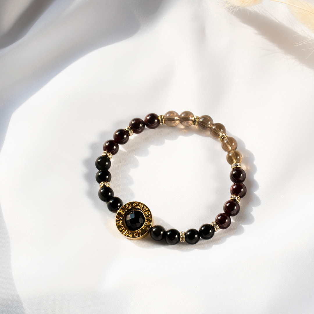 能量手鍊【守護者】黑曜石茶晶石榴石黑瑪瑙手鍊