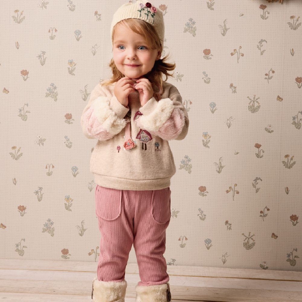 PIPPY 花邊口袋鬆緊帶褲圍彈性棉長褲 粉