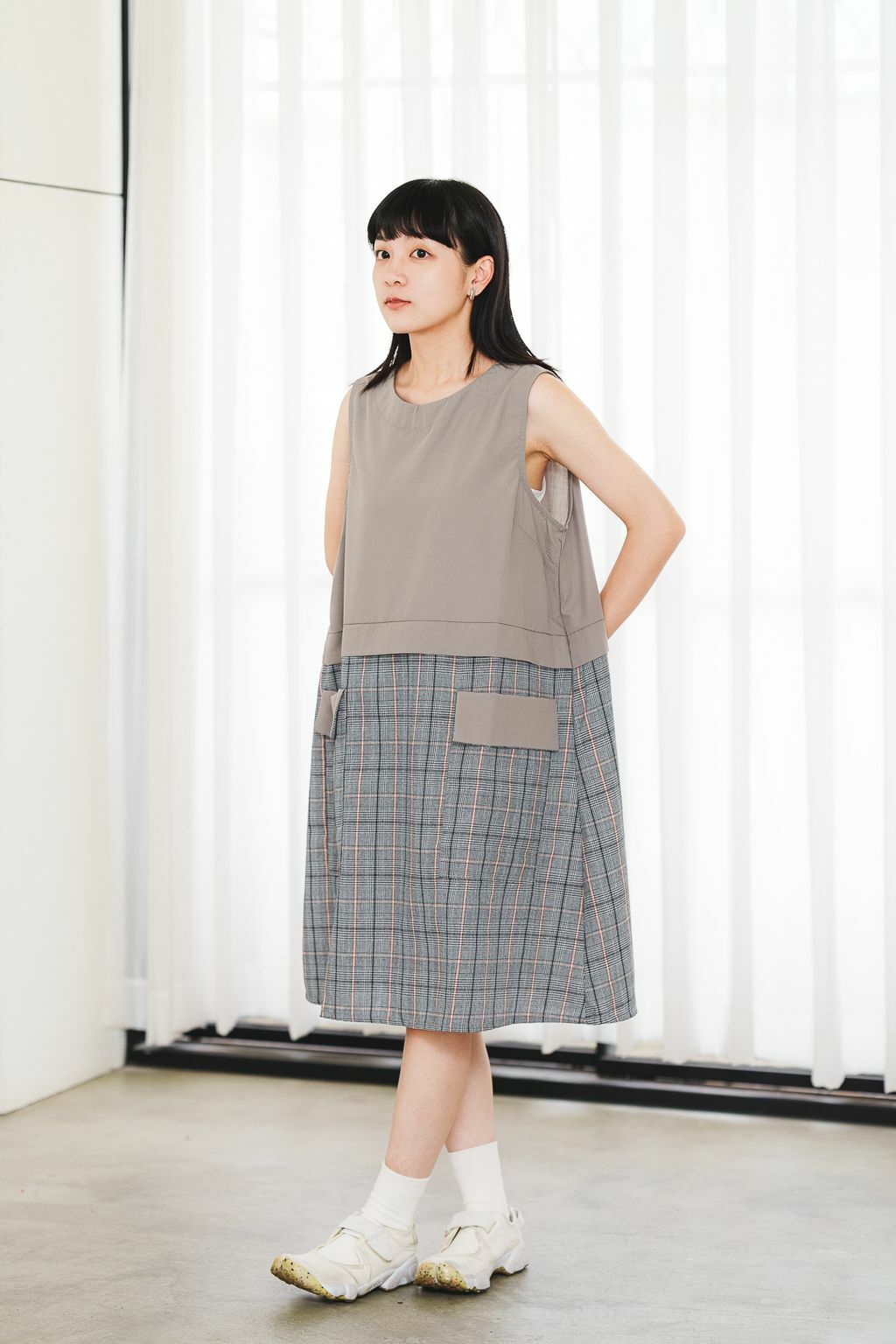 拼接撞色格紋背心裙(兩色-灰褐)