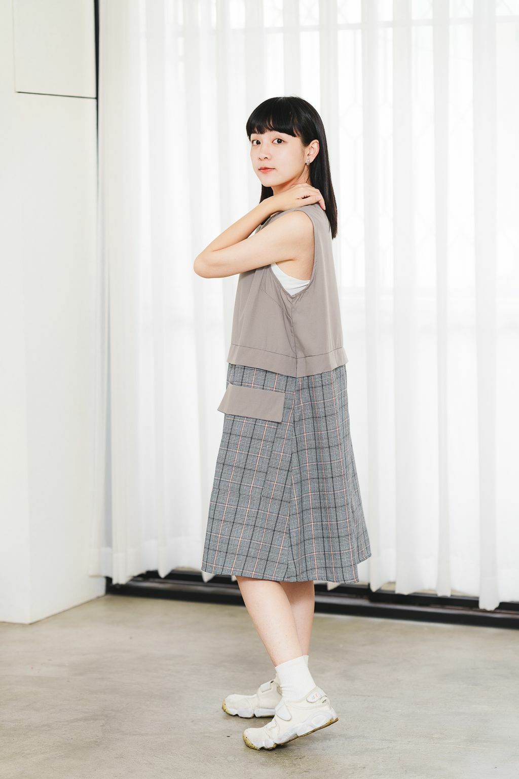 拼接撞色格紋背心裙(兩色-灰褐)