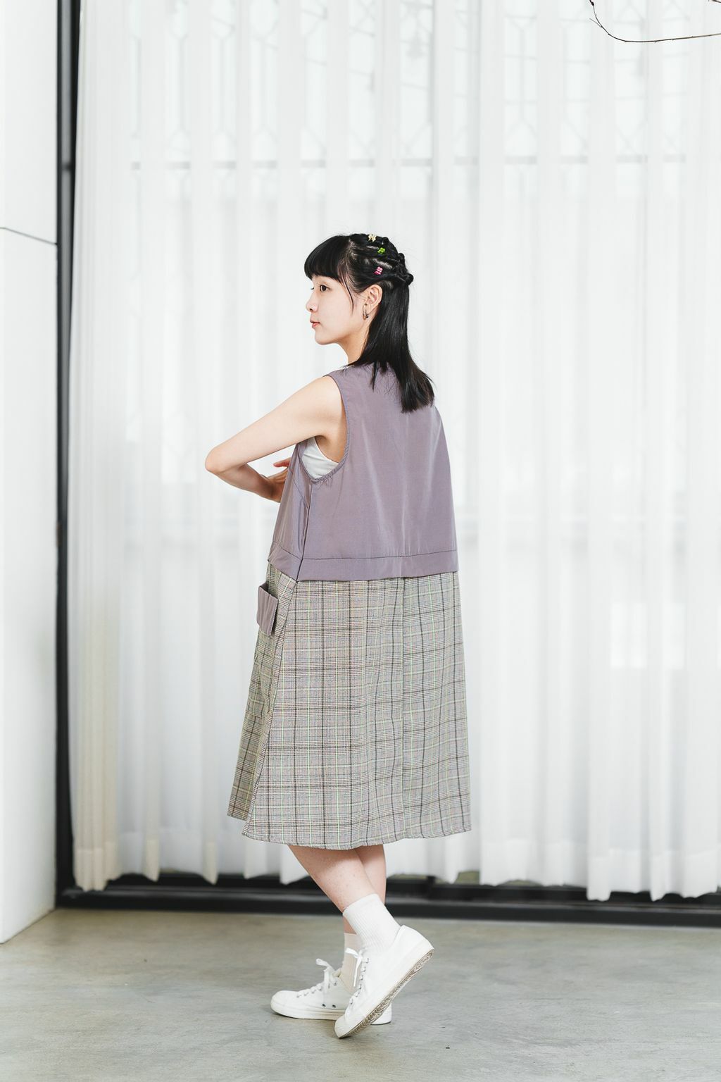 拼接撞色格紋背心裙(兩色-紫藕)