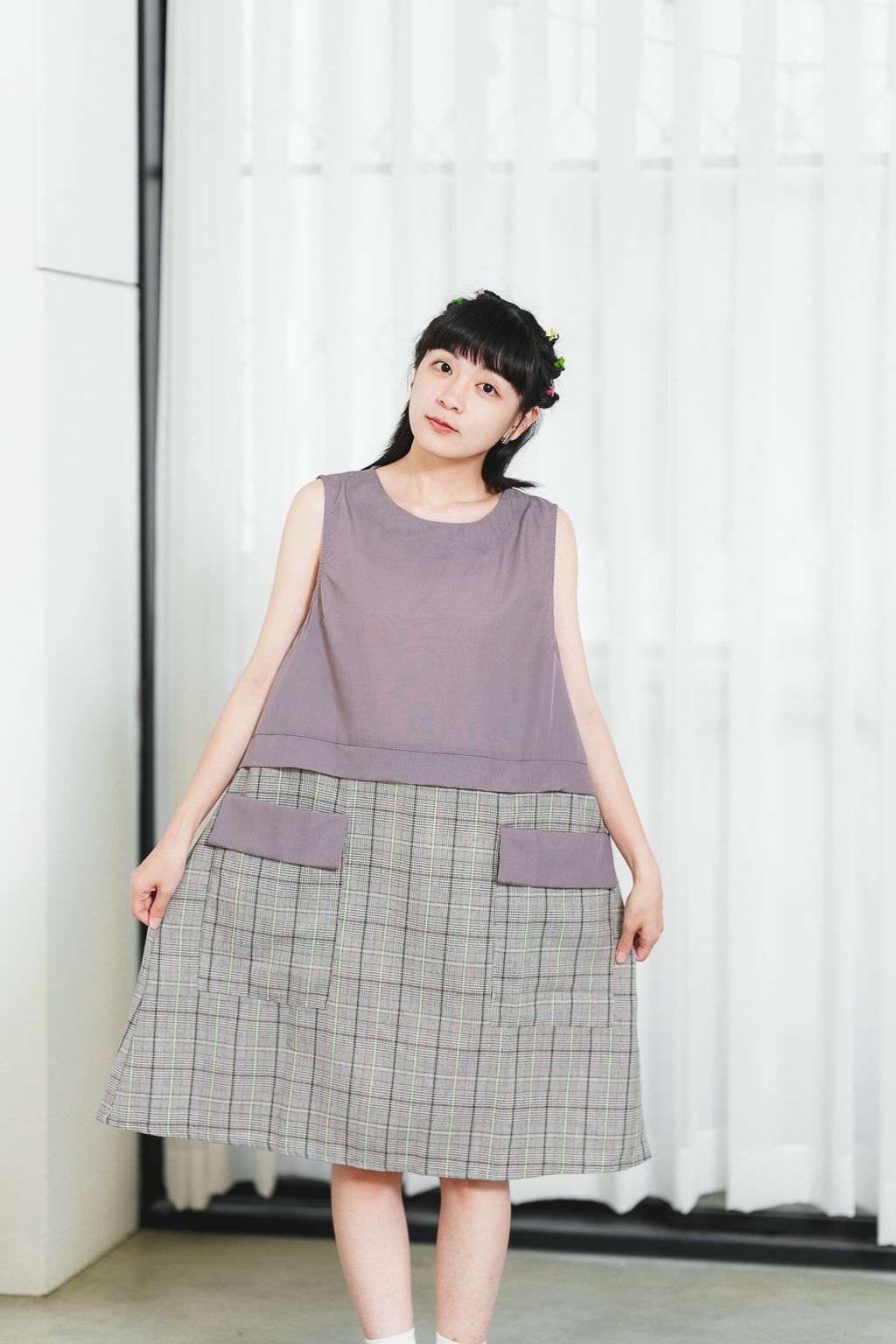 拼接撞色格紋背心裙(兩色-紫藕)