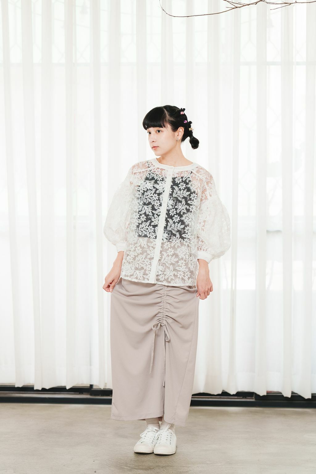 (限量)側拉繩綁帶半身裙(三色-淺杏)