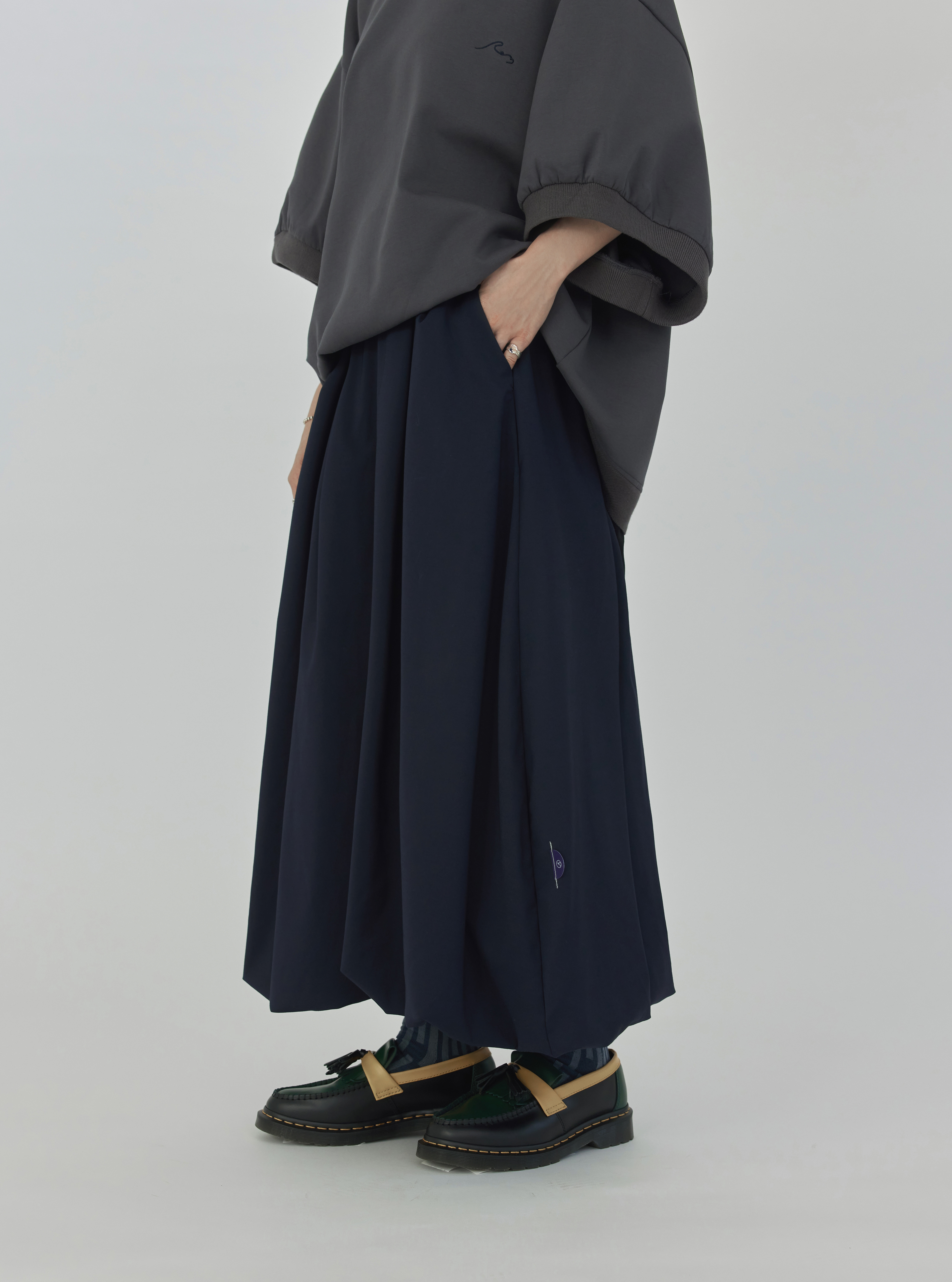 Drawstring Balloon Midi Skirt | Navy
