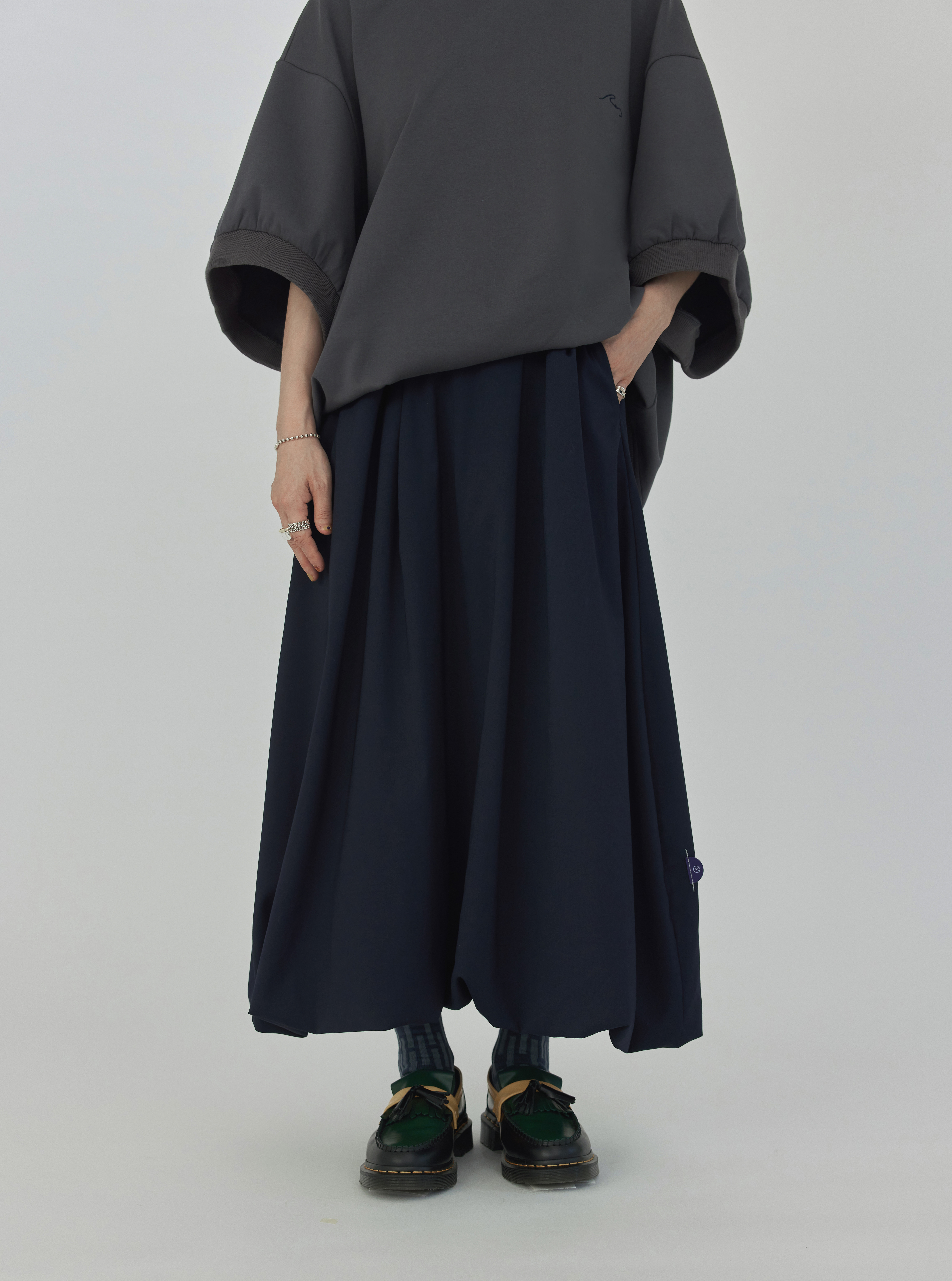 Drawstring Balloon Midi Skirt | Navy