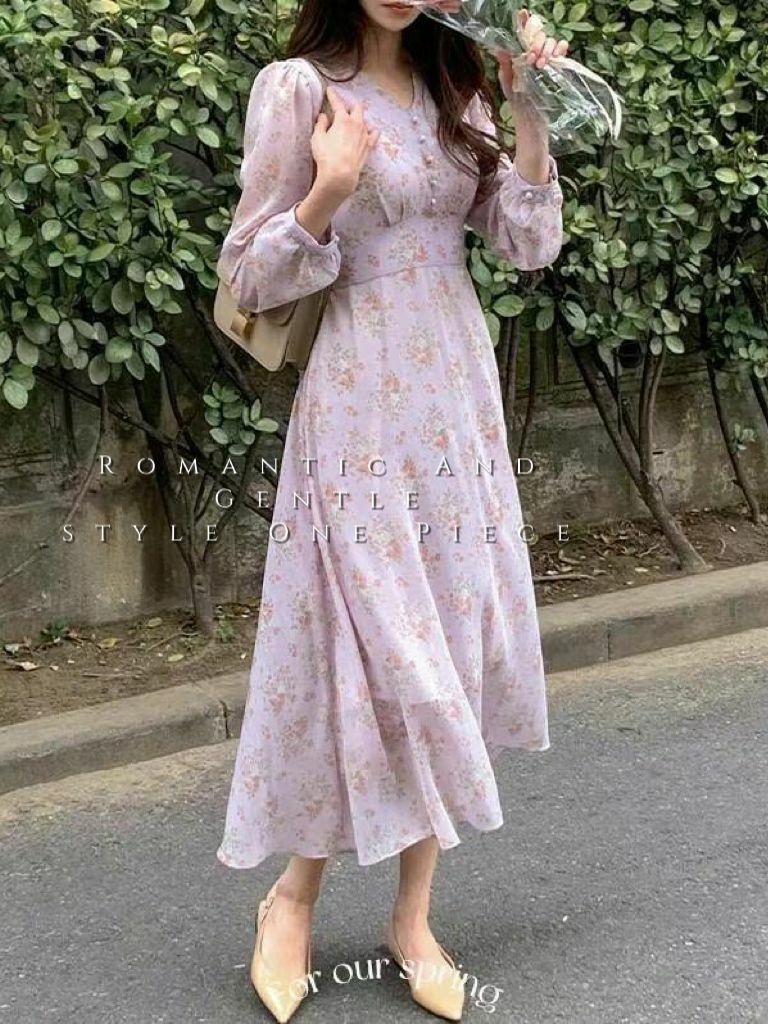 OP#14145 🤎淡紫襯淡花連身裙