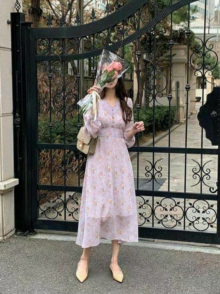 OP#14145 🤎淡紫襯淡花連身裙