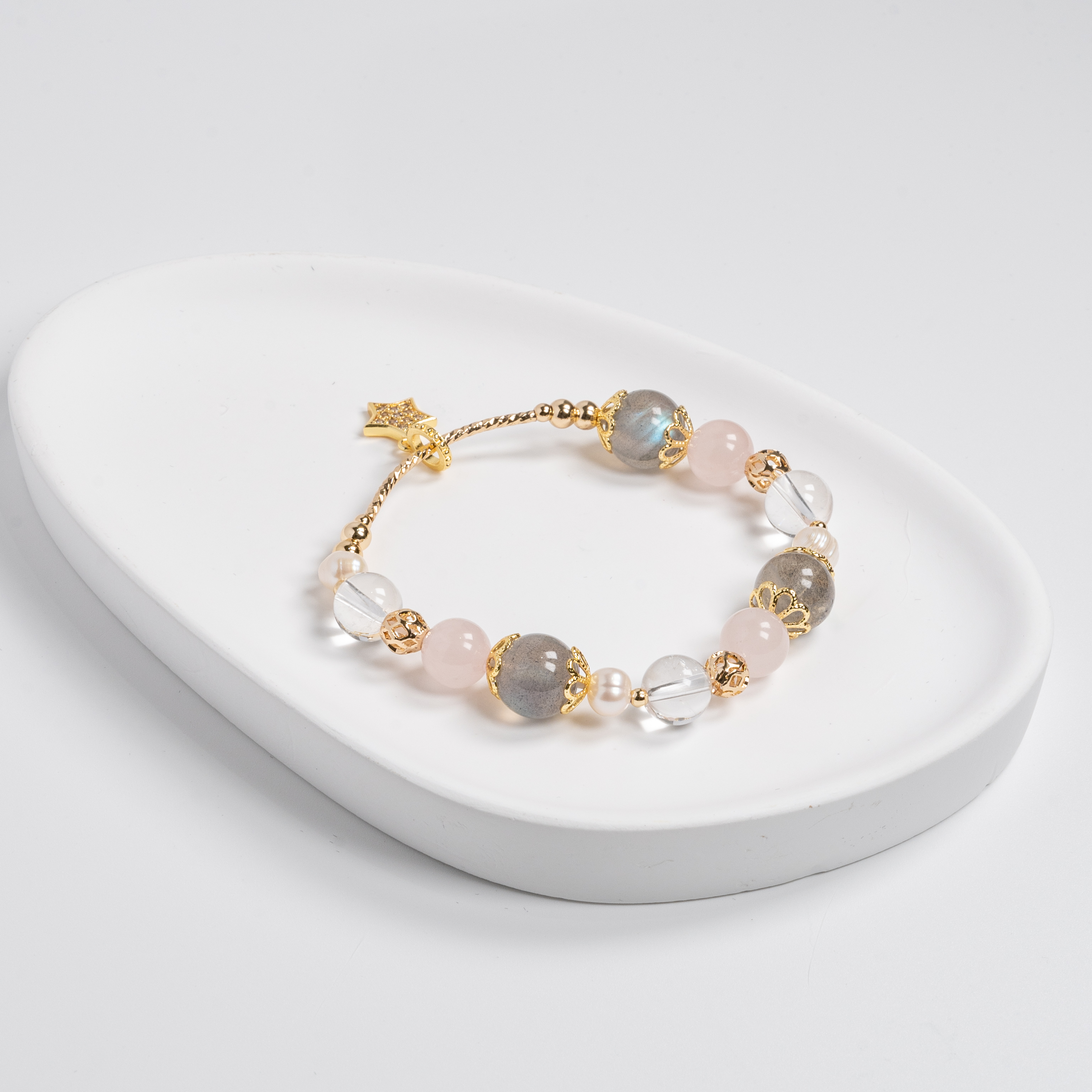 【主水晶】拉長石【輔水晶】粉水晶、白水晶、淡水珍珠