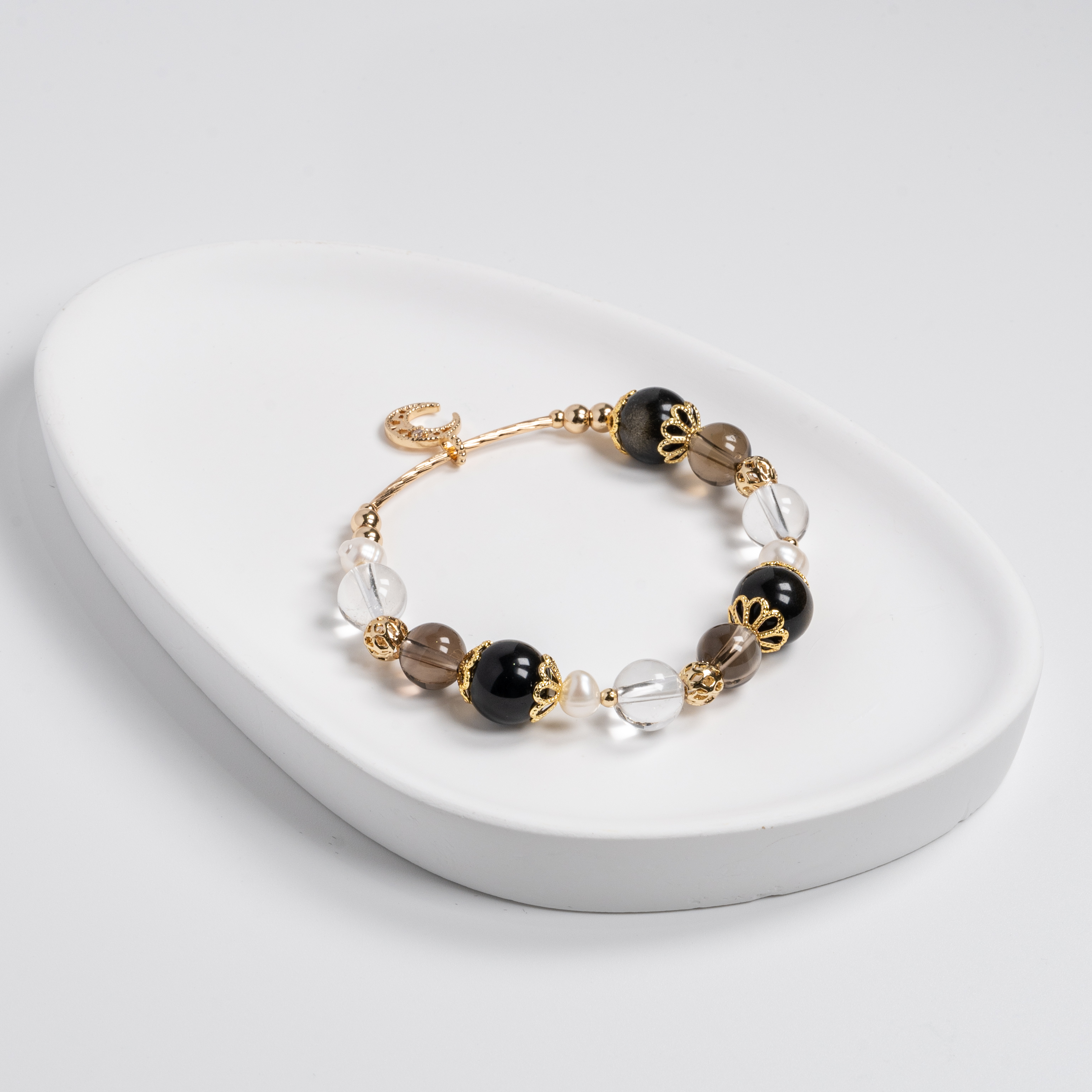 【主水晶】黑曜石【輔水晶】茶晶、白水晶、淡水珍珠