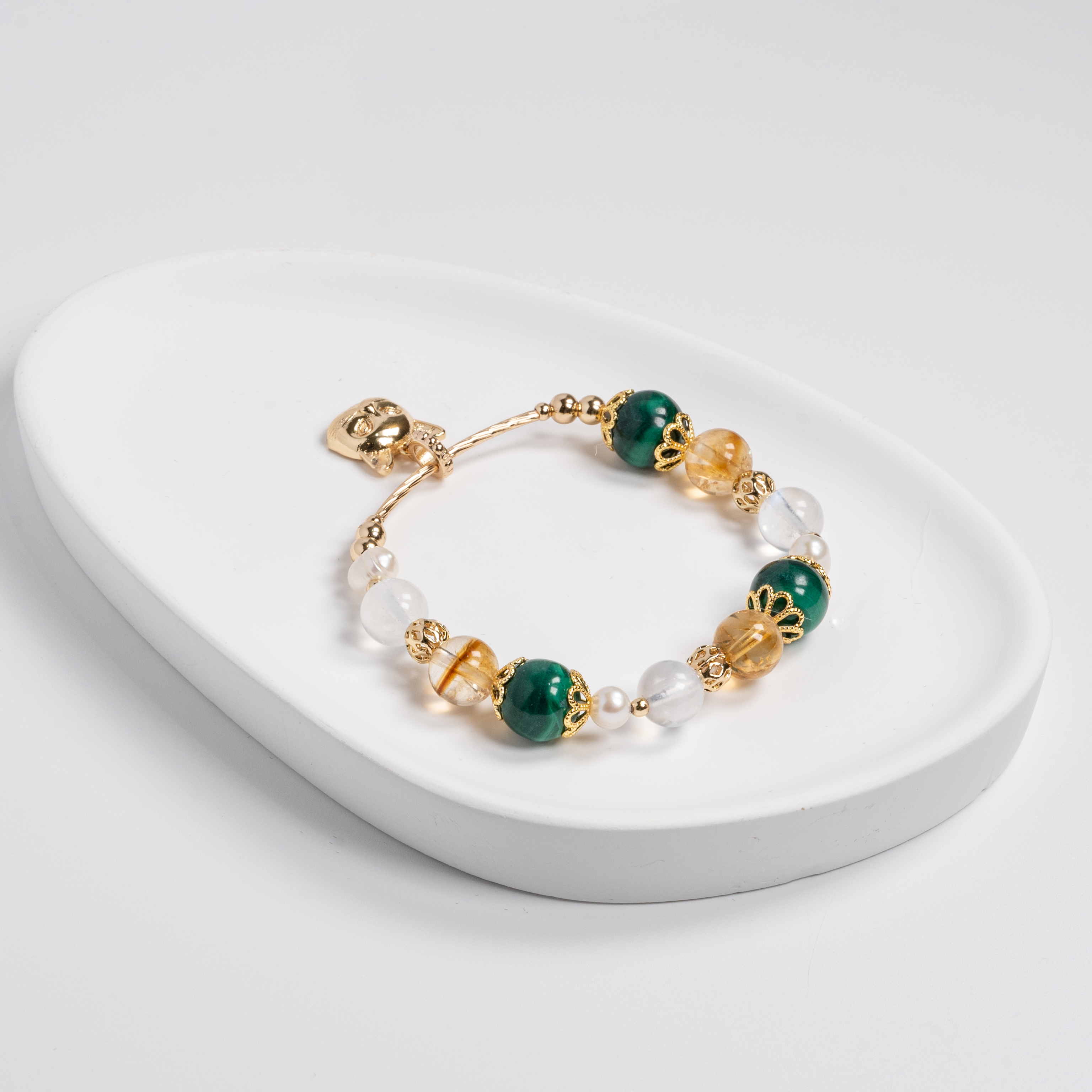 【主水晶】孔雀石【輔水晶】黃水晶、月光石、淡水珍珠