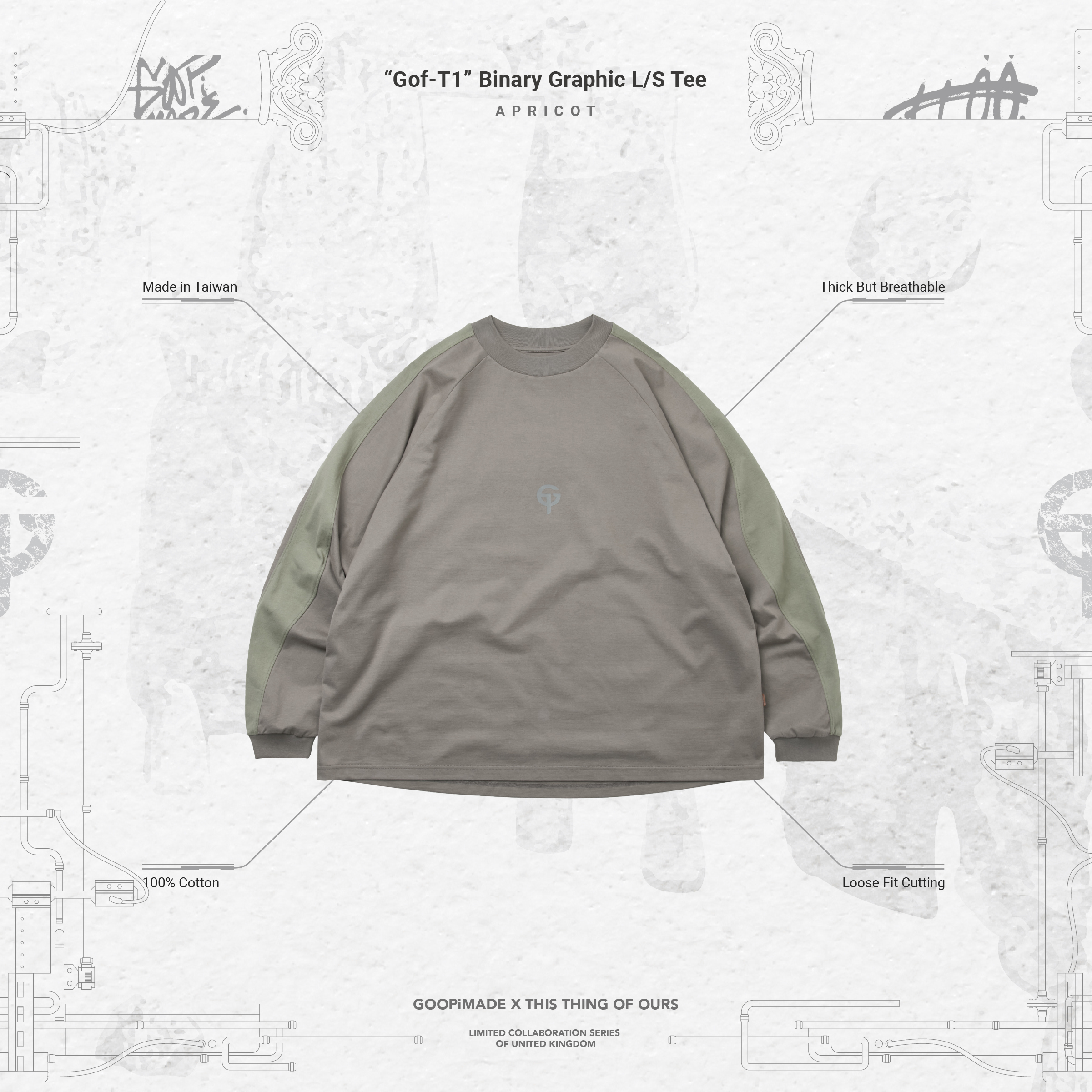 GOOPiMADE “Gof-T1” Binary Graphic L/S Tee - Apricot