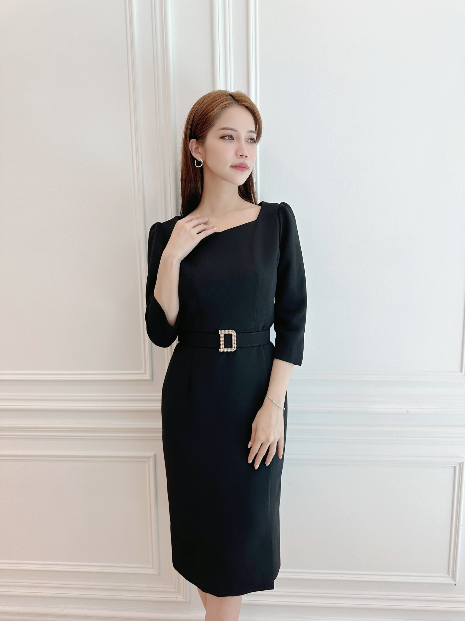 方領立體鑽腰帶合身洋