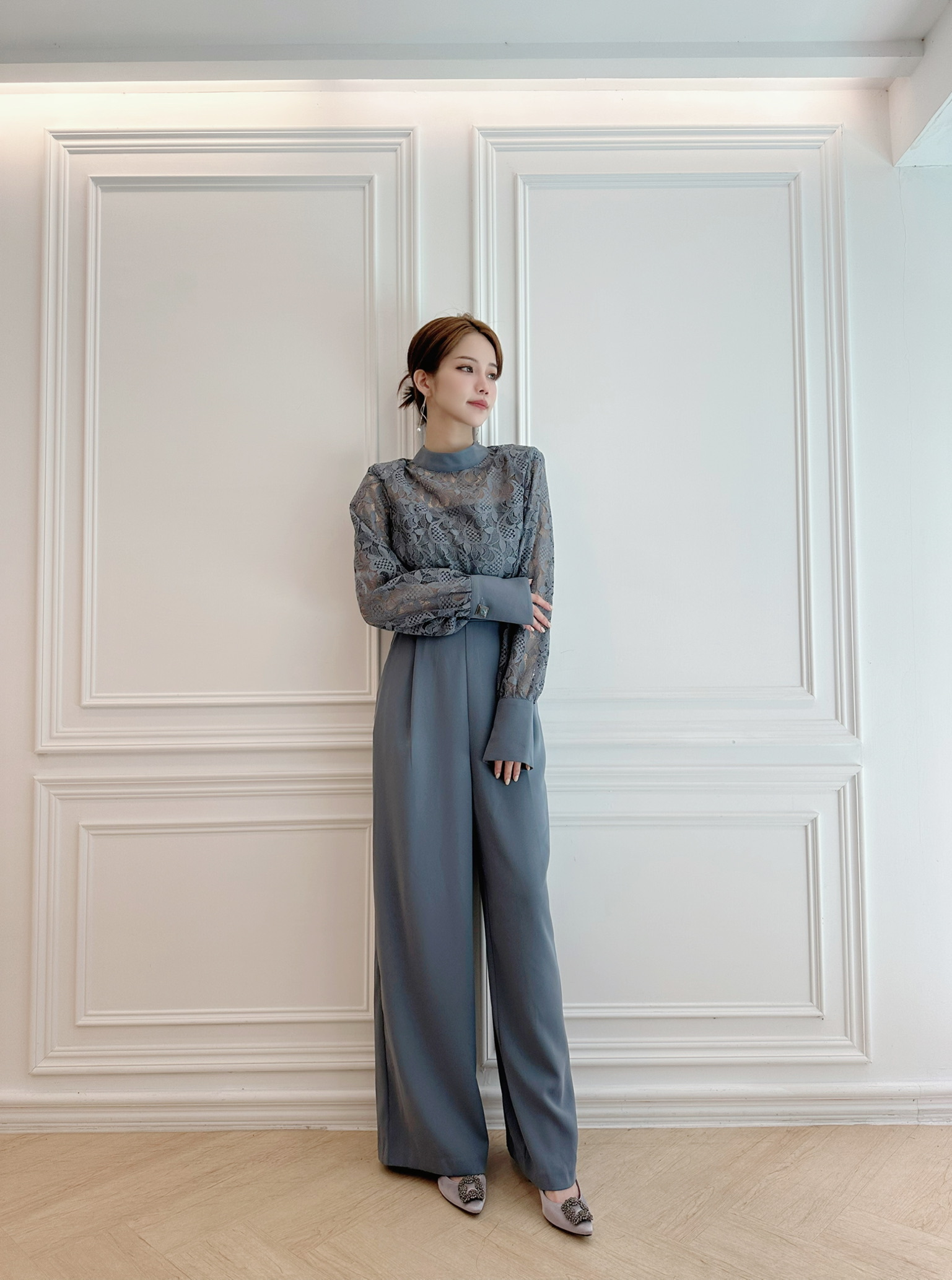 蕾絲長腿腰帶鑽釦連身褲