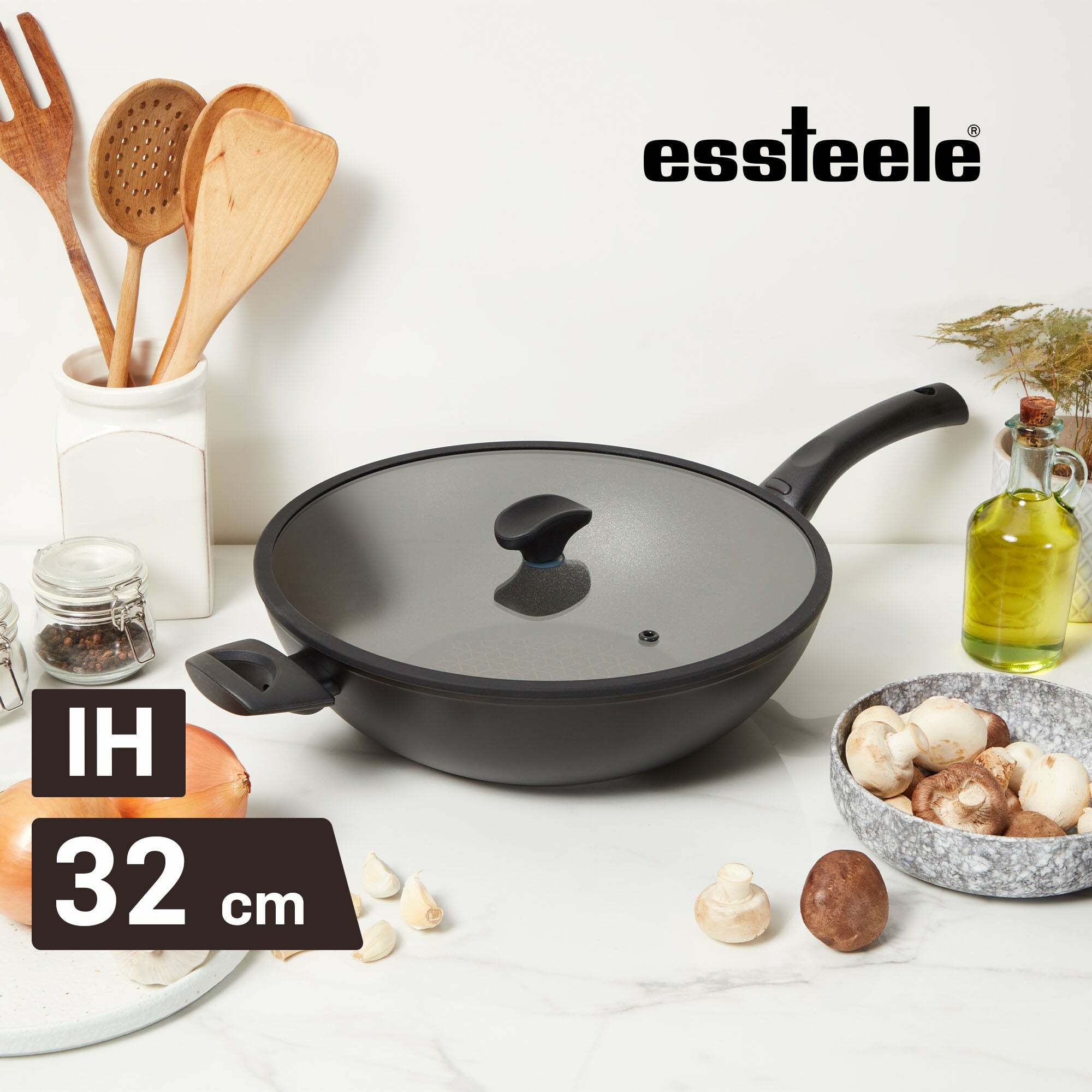 《ESSTEELE 意帝斯》鑽石不沾導磁單柄炒鍋32cm(有蓋)