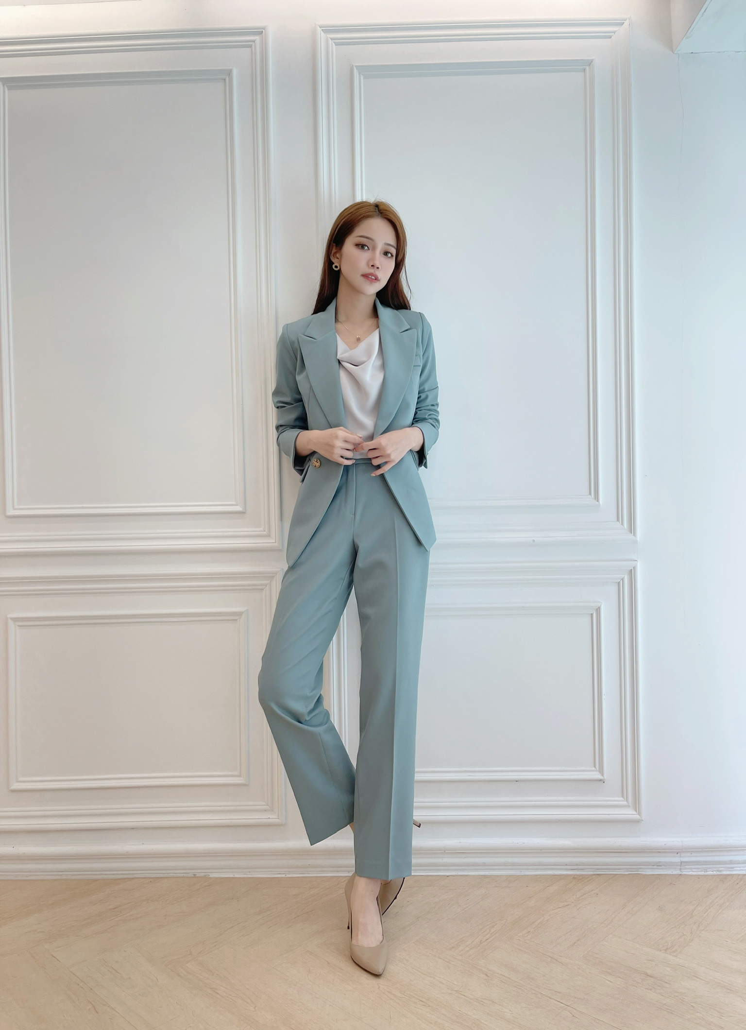 袖條紋西裝套裝(藍綠)