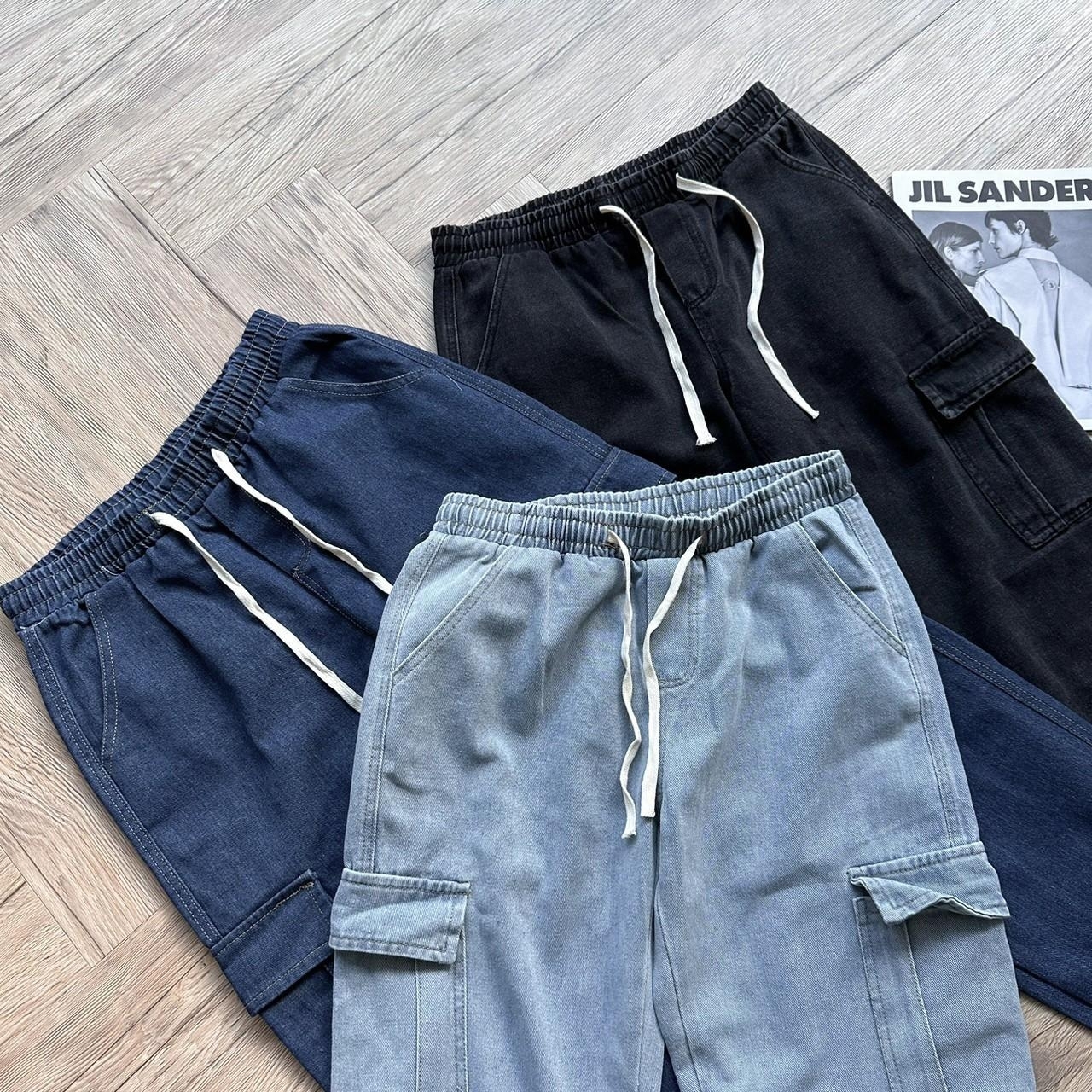 抽繩鬆緊水洗牛仔長褲 80401