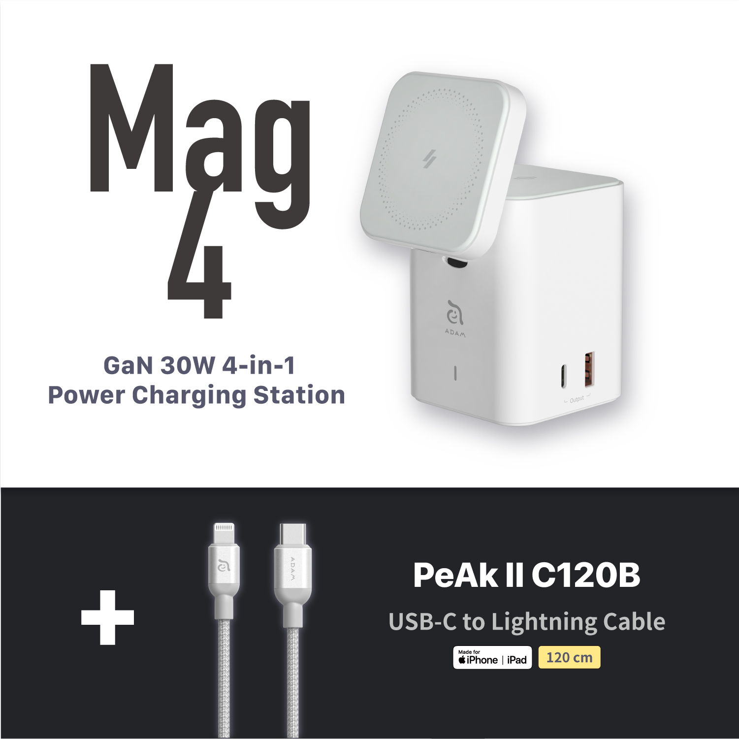 Mag 4 GaN 30W 4-in-1 Power Charging Station + PeAk II C120B USB-C to Lightning Cable (1.2M)