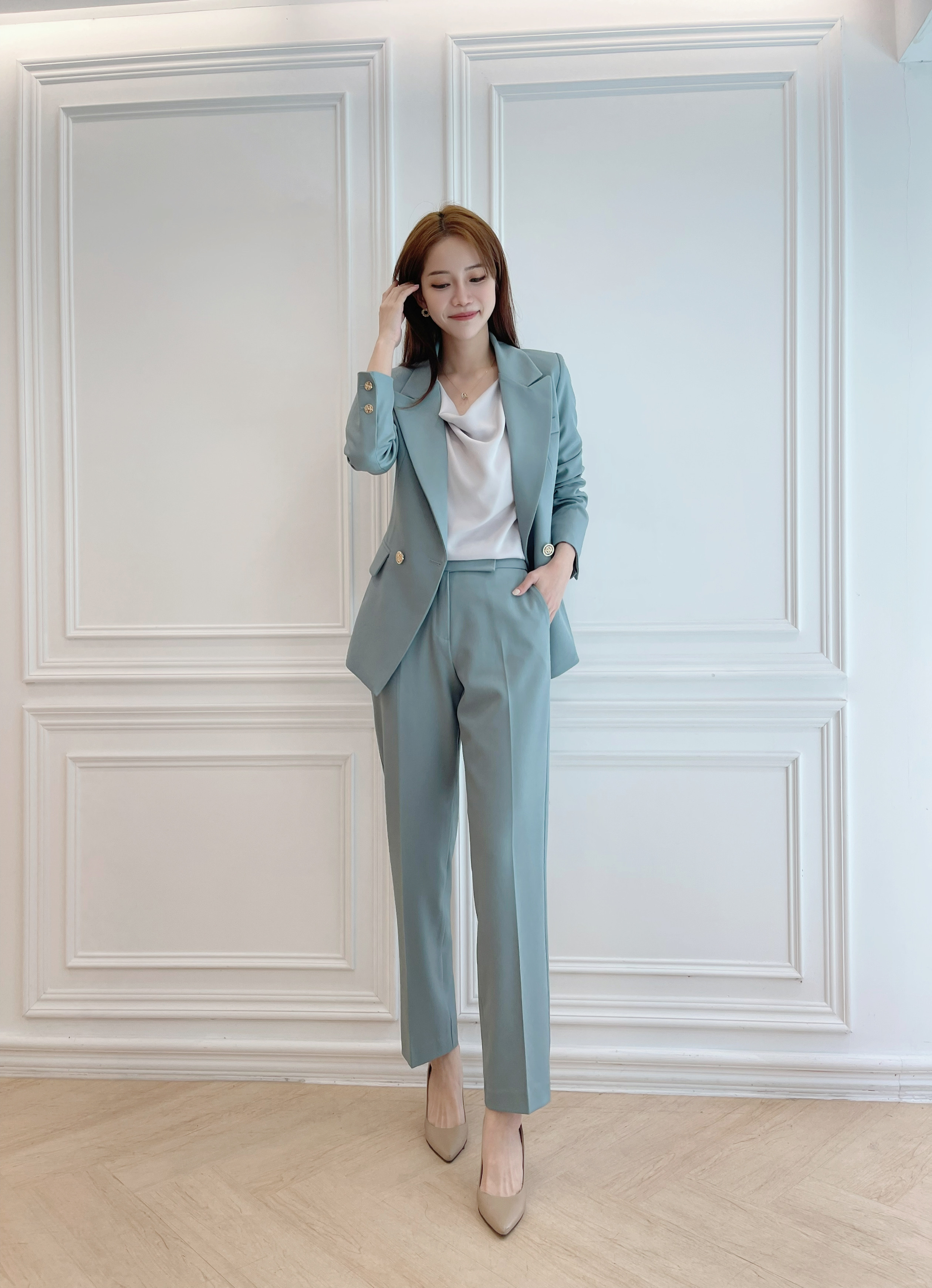 袖條紋西裝套裝(藍綠)