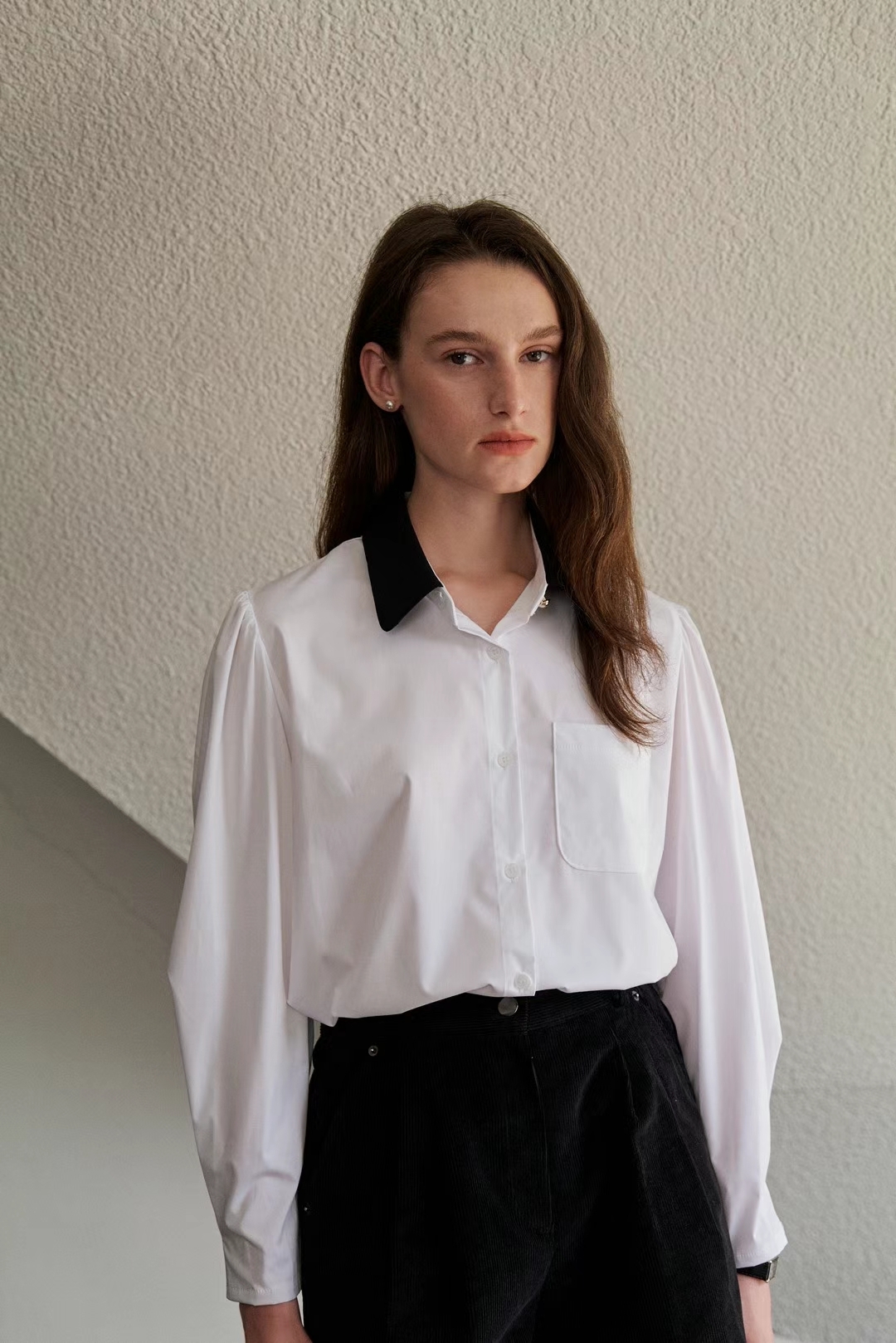 T7 撞色領打摺袖襯衫