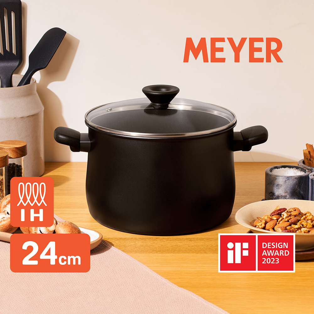 《MEYER 鎧甲黑系列》24CM / 7.6L 導磁陽極氧化不沾雙耳燉鍋有蓋