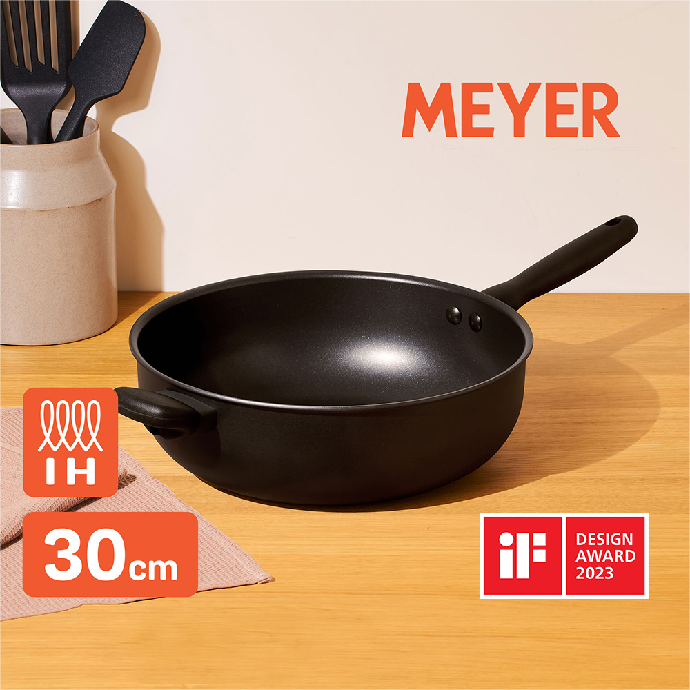 《MEYER 鎧甲黑系列》30CM / 6.2L 導磁陽極氧化不沾高深平底鍋加輔助手把