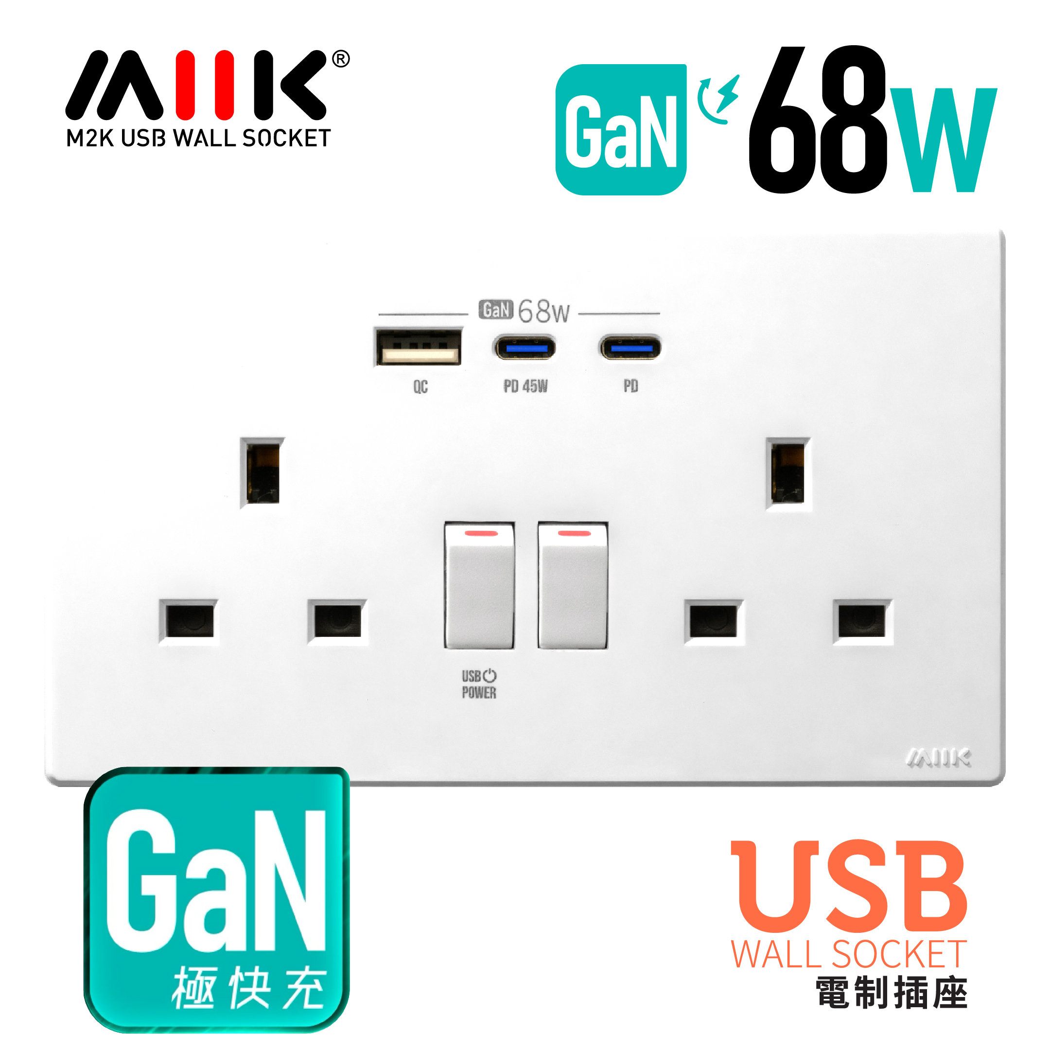 M2K GaN68W Type-C/USB 電制插座 (孖蘇) - 白色