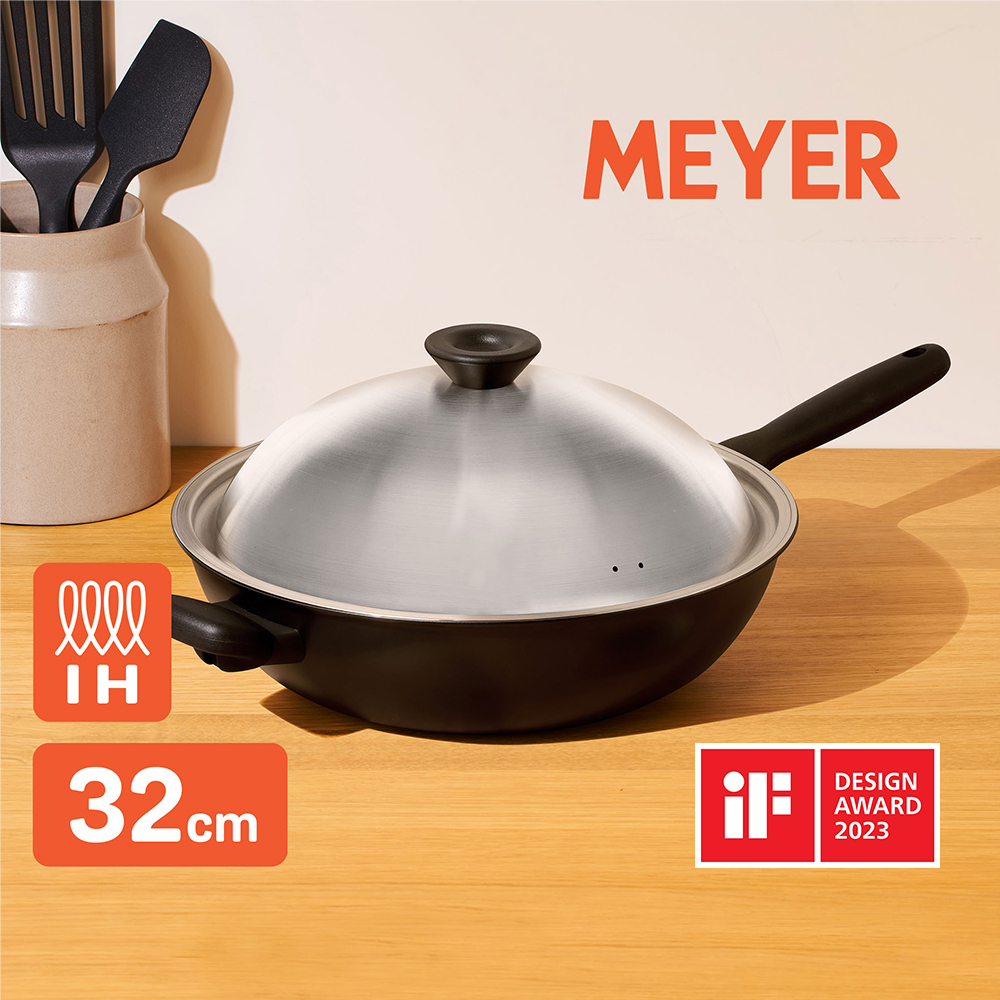 《MEYER 鎧甲黑系列》32CM 導磁陽極氧化不沾深炒鍋有蓋