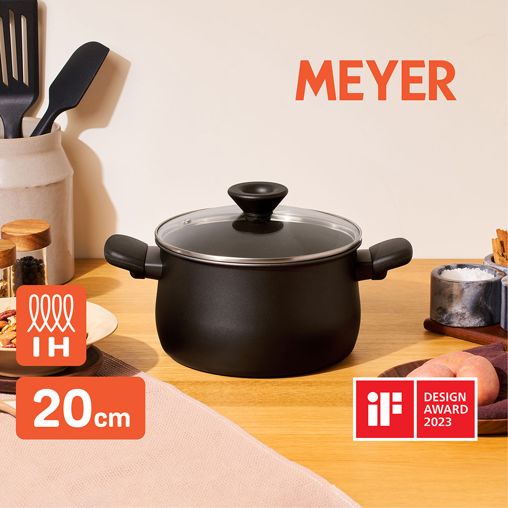 《MEYER 鎧甲黑系列》20CM / 3.8L 導磁陽極氧化不沾雙耳湯鍋有蓋