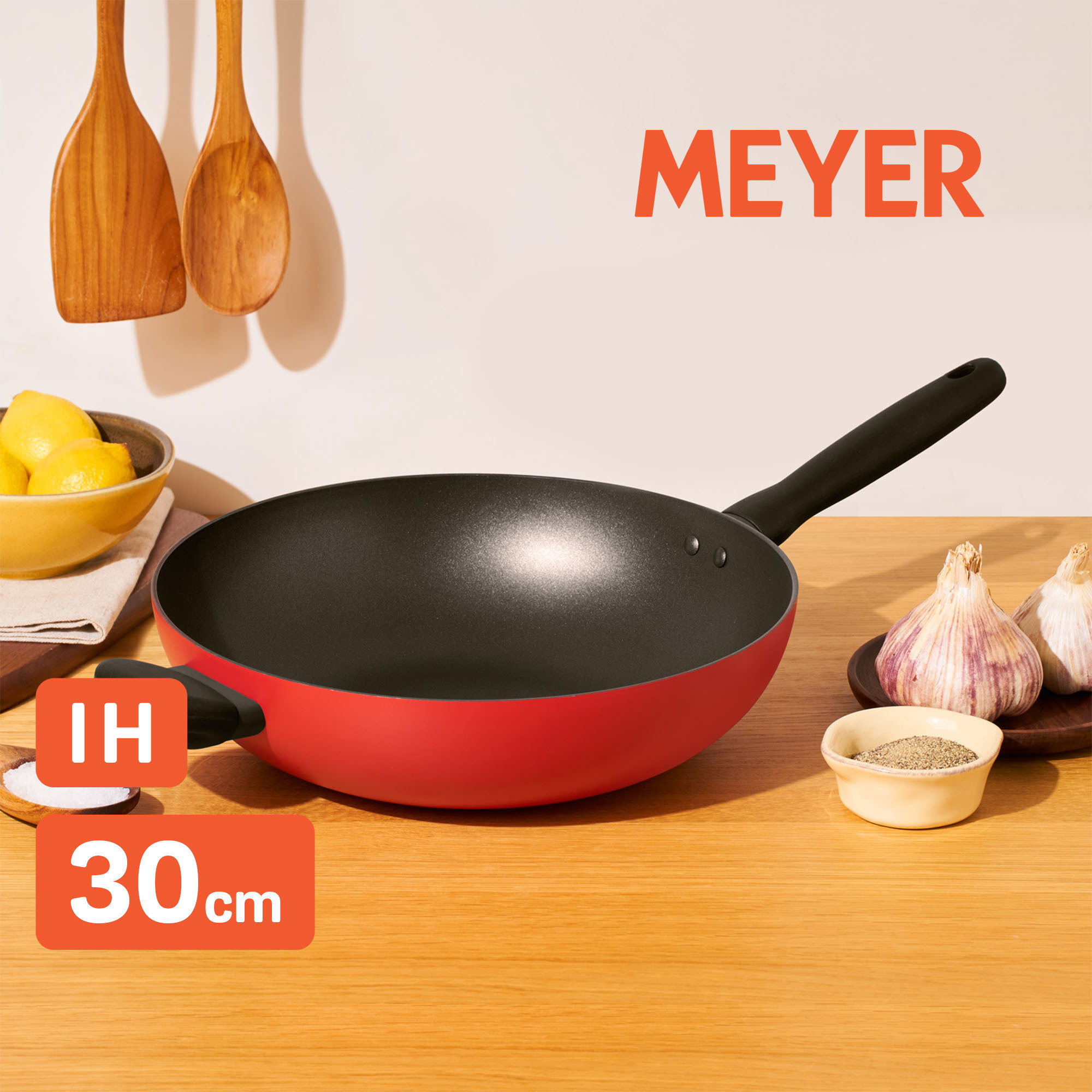 《Bauhaus 革新紅系列》IH導磁不沾炒鍋30CM 加輔助手把