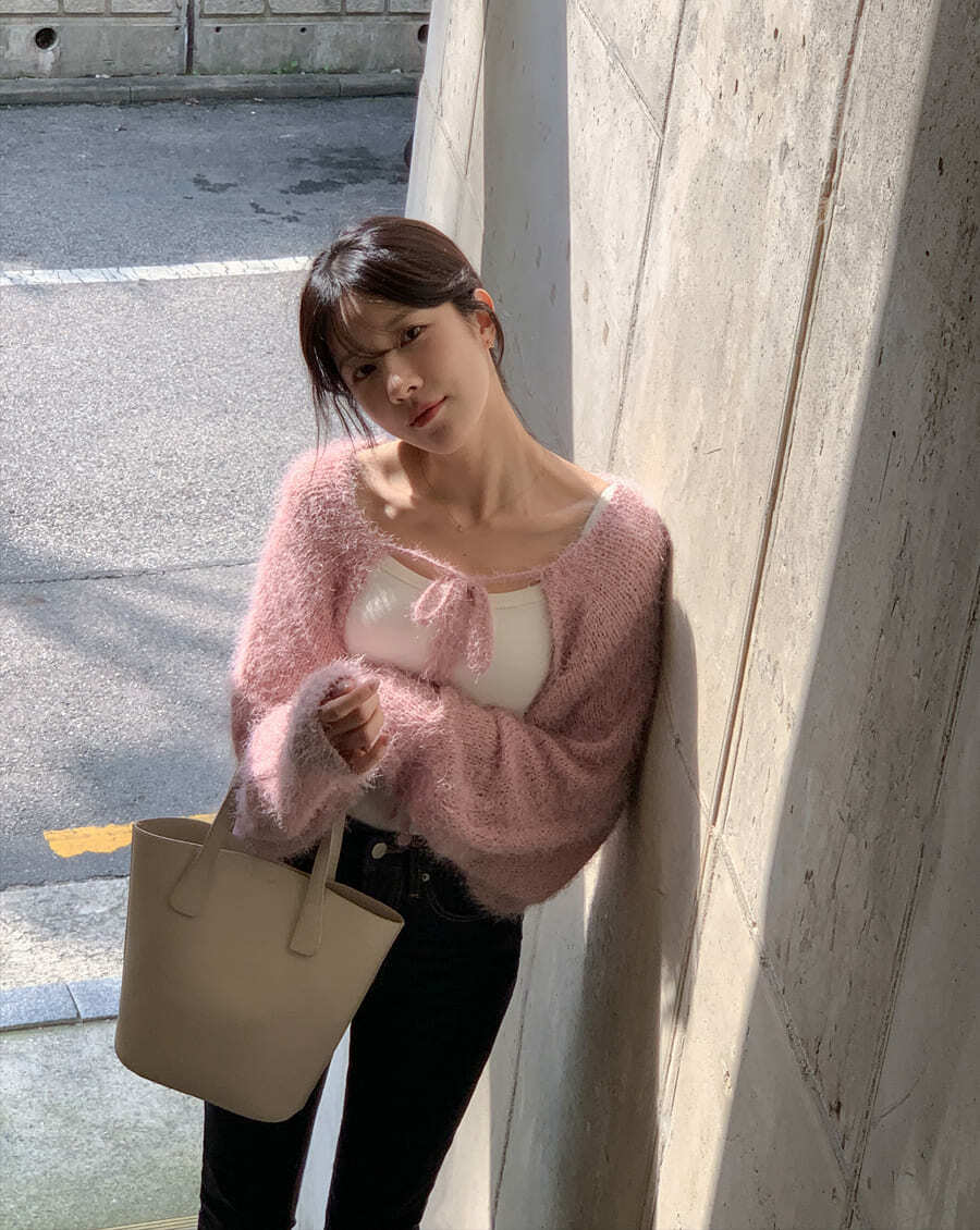 韓國Cherrykoko授權 浪漫女人毛絨感落肩綁帶開襟衫