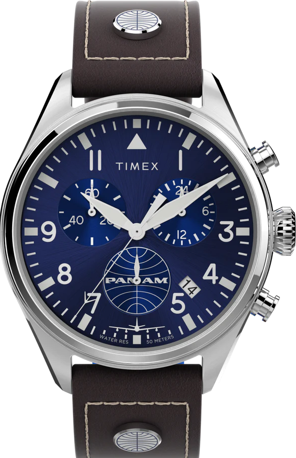 萬年鐘錶 - TIMEX 天美時 Timex X Pan Am  泛美航空聯名飛行員設計皮革款男錶 TWG030000 錶徑 42MM