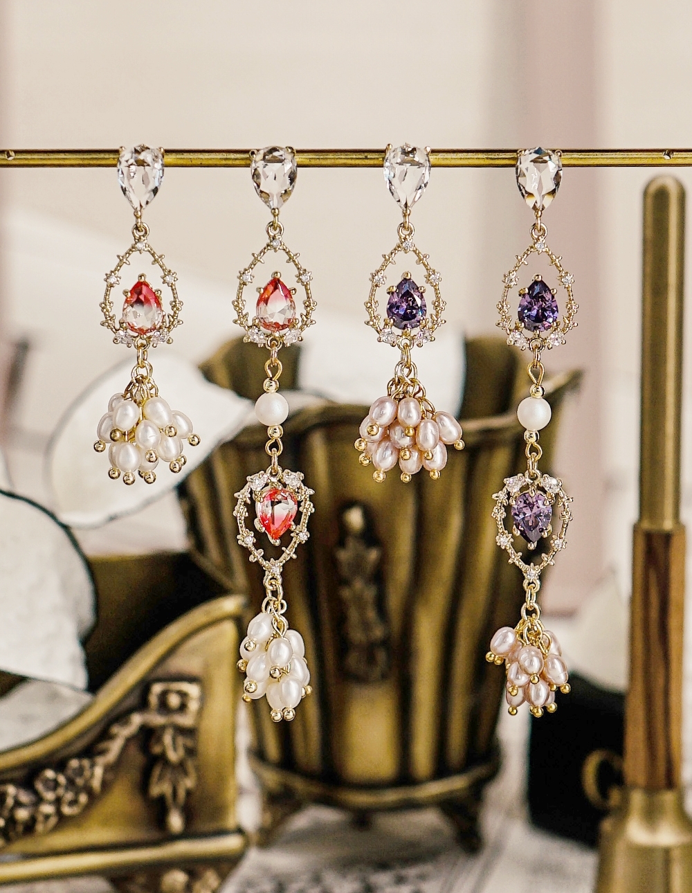 by mii✧水滴寶石真珠耳飾✦紫