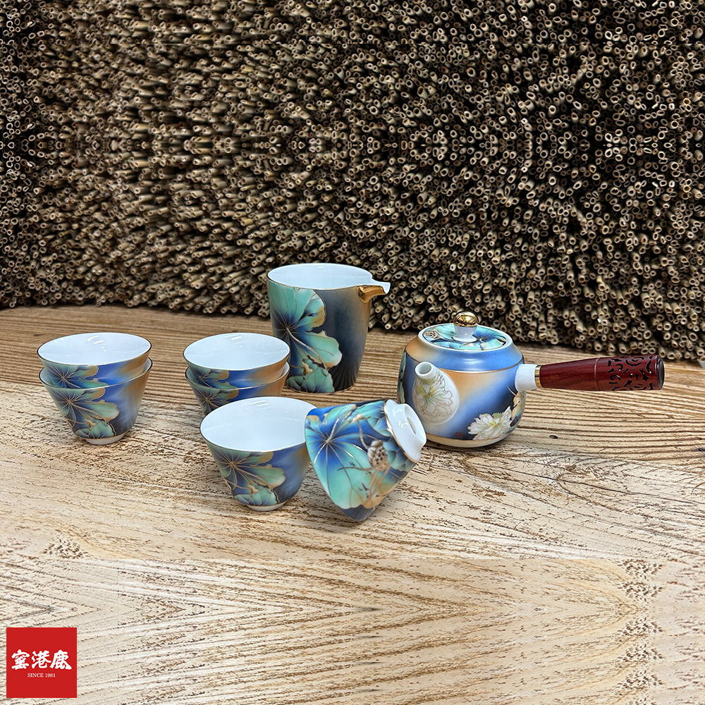 手工掐絲扒花景泰藍荷悅茶具禮盒｜匠心工藝手作描金8入套裝