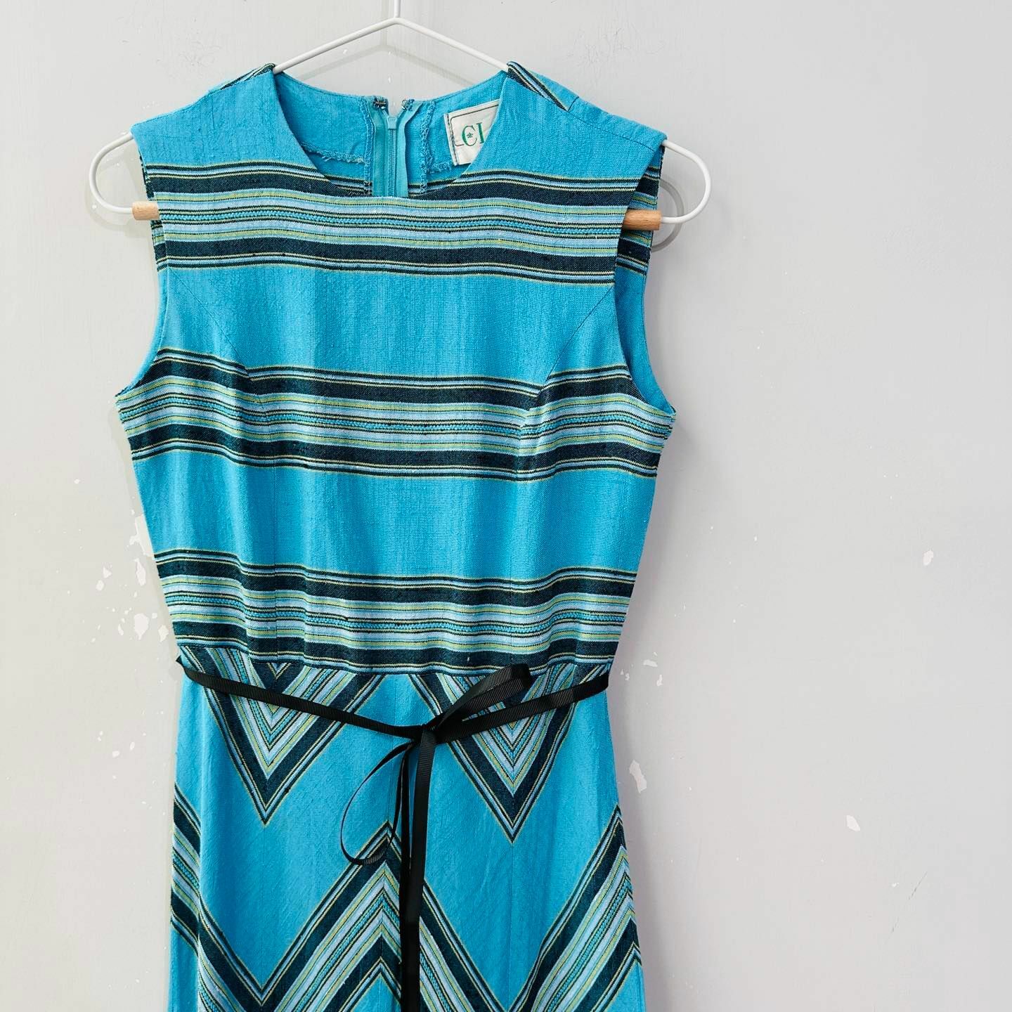 水藍色間條棉麻感背心連身裙