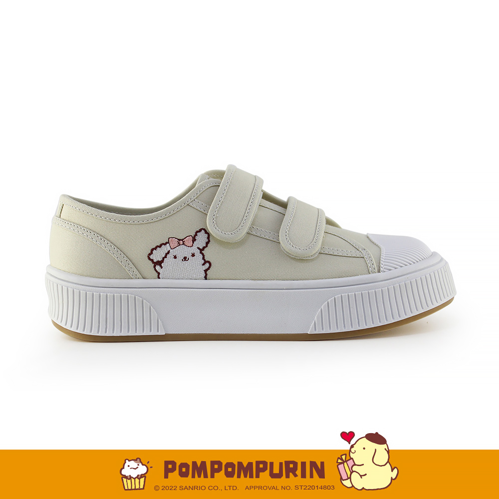 Paidal x Pompompurin 布丁狗與馬卡龍魔鬼氈厚底休閒鞋帆布鞋-卡其