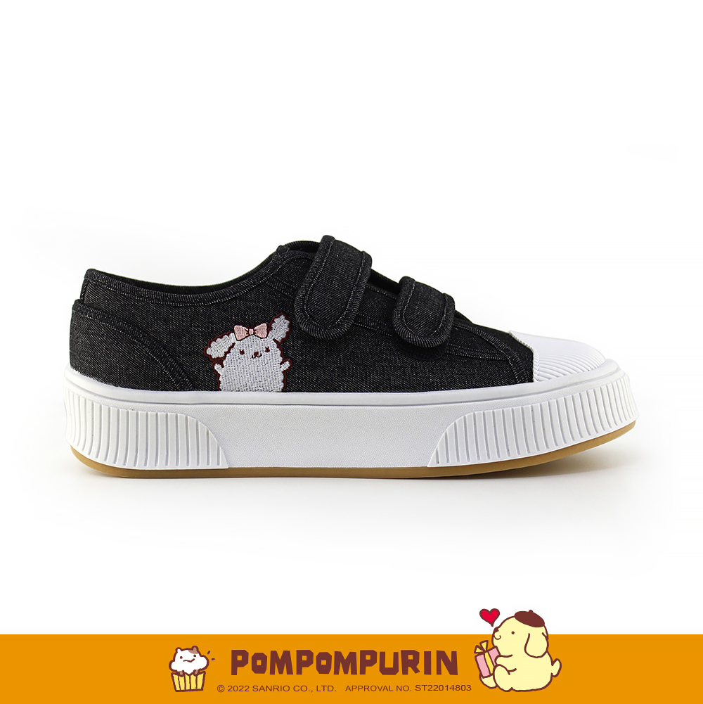 Paidal x Pompompurin 布丁狗與馬卡龍魔鬼氈厚底休閒鞋帆布鞋-牛仔黑